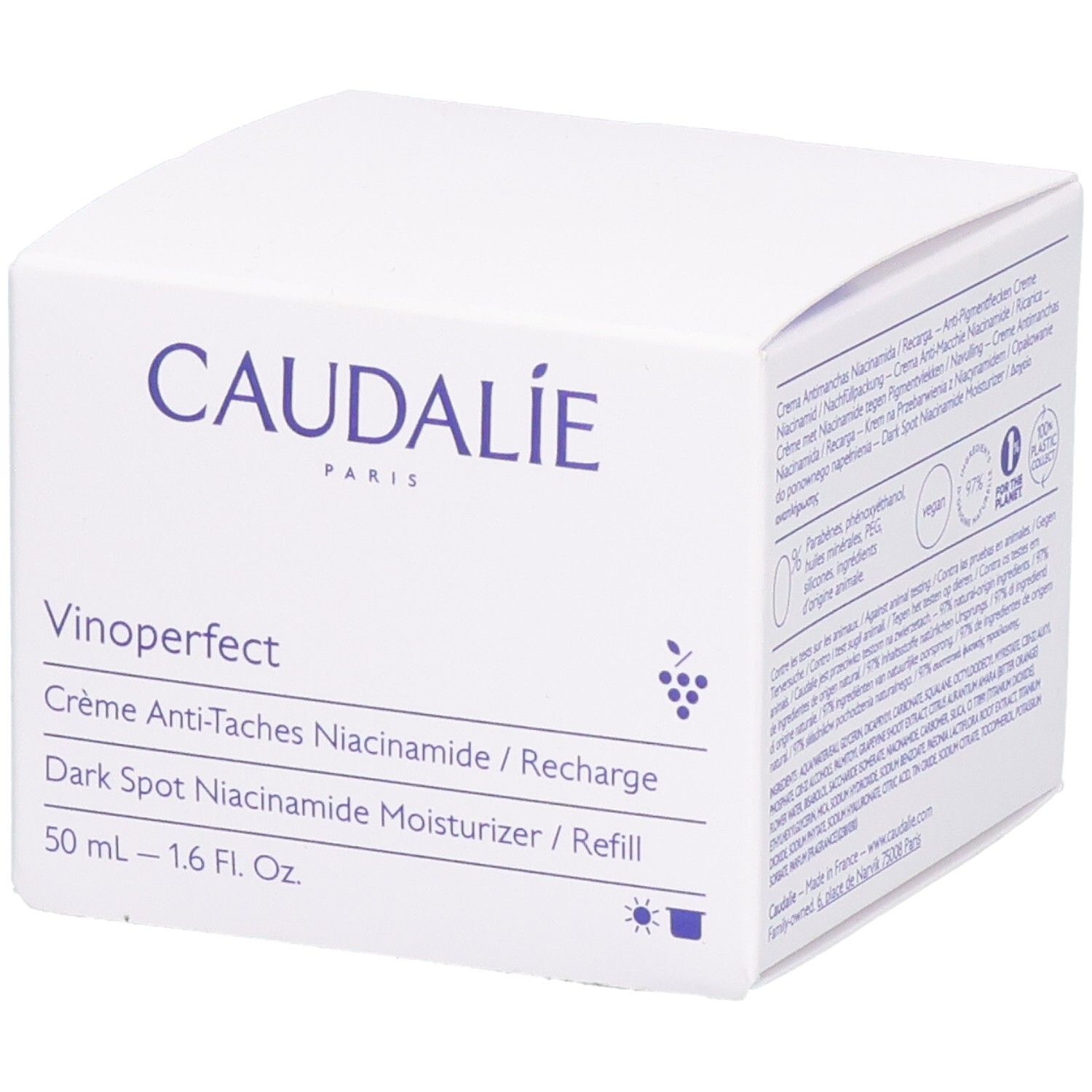 Weiße Schachtel mit CAUDALIE-Logo und Produktnamen Vinoperfect. Text in Englisch und Französisch.
