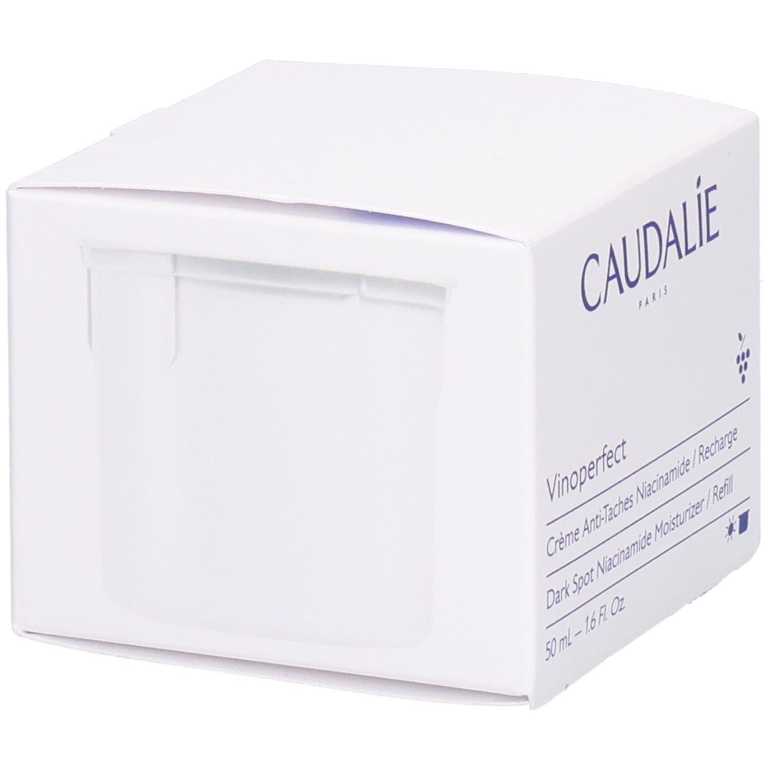 Weiße Schachtel mit CAUDALIE-Logo und Produktnamen Vinoperfect. Text in Englisch und Französisch.