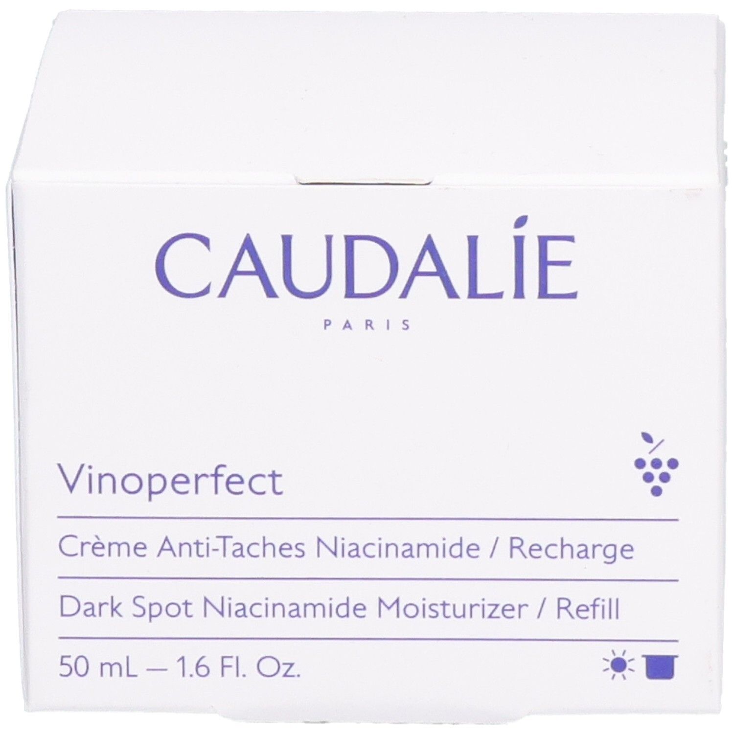 Weiße Schachtel mit CAUDALIE-Logo und Produktnamen Vinoperfect. Text in Englisch und Französisch.