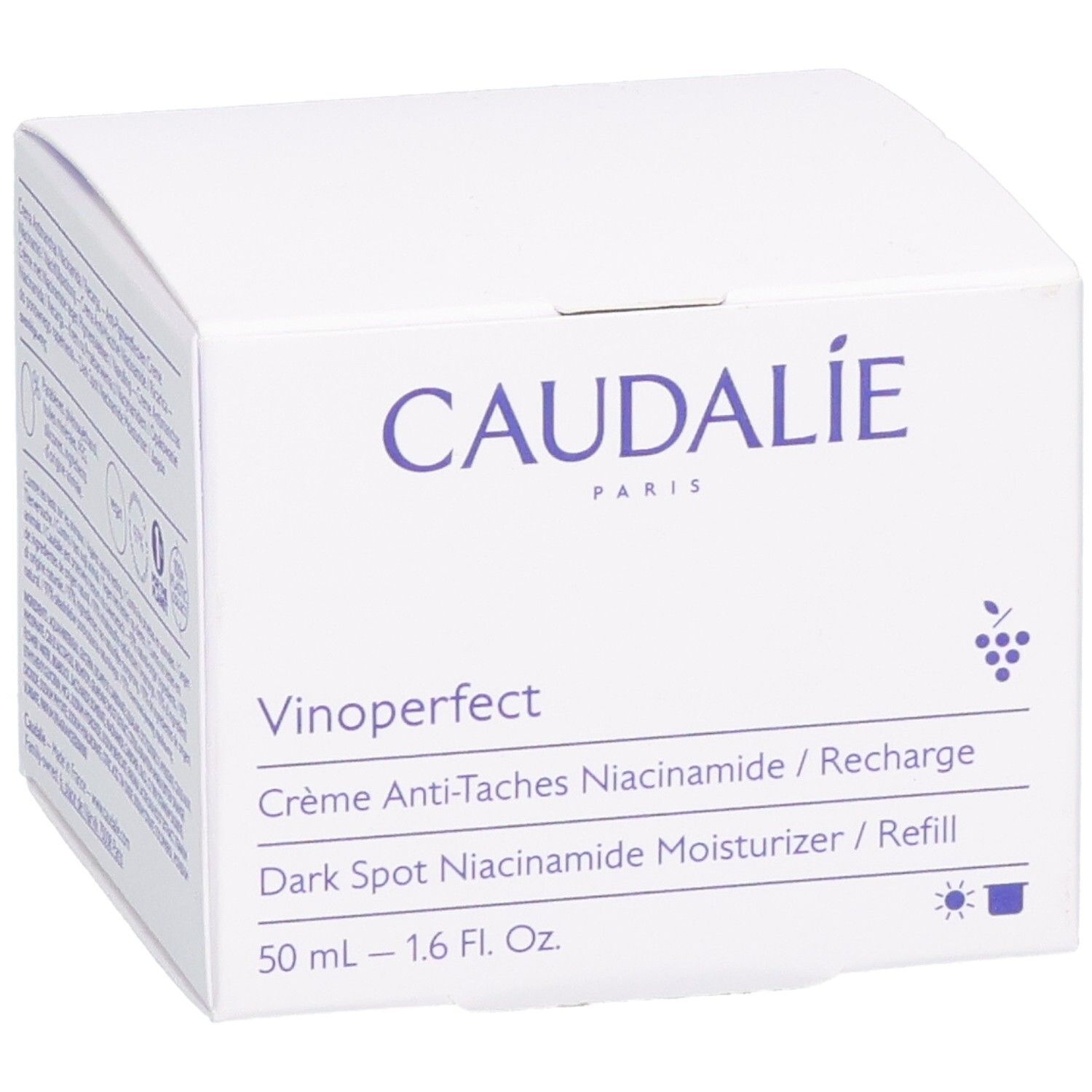 Weiße Schachtel mit CAUDALIE-Logo und Produktnamen Vinoperfect. Text in Englisch und Französisch.
