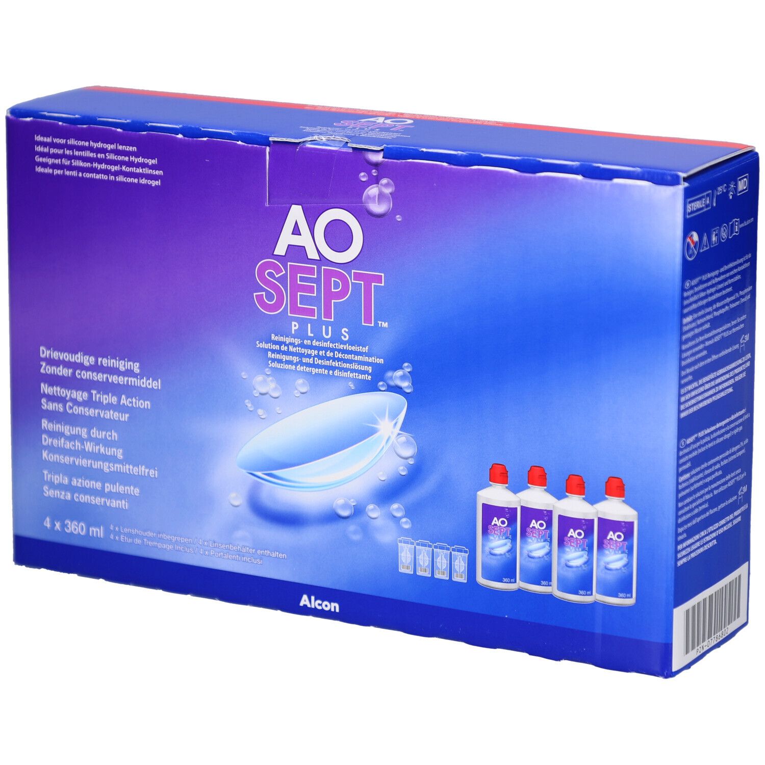 Emballage AOSEPT PLUS. Contient 4 flacons et étuis pour lentilles. Inscription: AO SEPT PLUS, Alcon.
