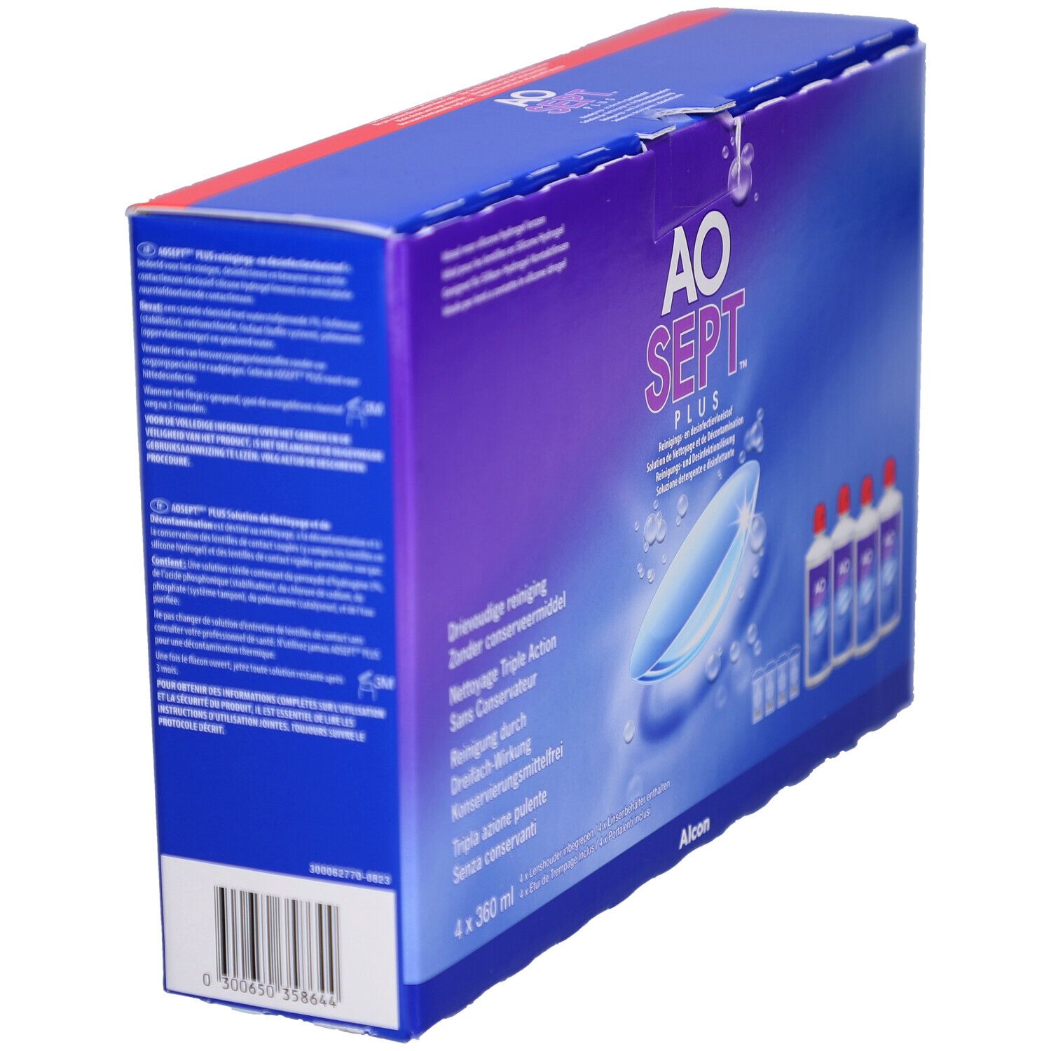Vue oblique de l'emballage AOSEPT PLUS. Inscription: AO SEPT PLUS, Alcon. Contient 4 flacons.