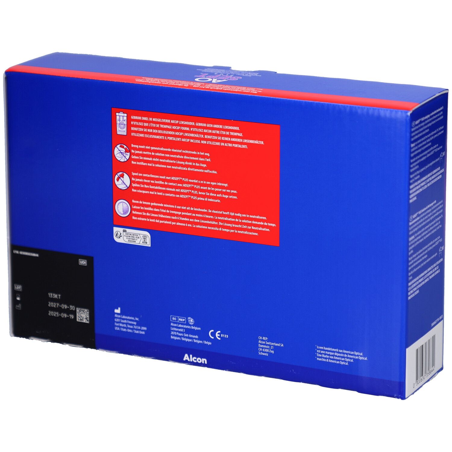 Dos de l'emballage AOSEPT PLUS. Contient des informations et des pictogrammes. Logo Alcon.
