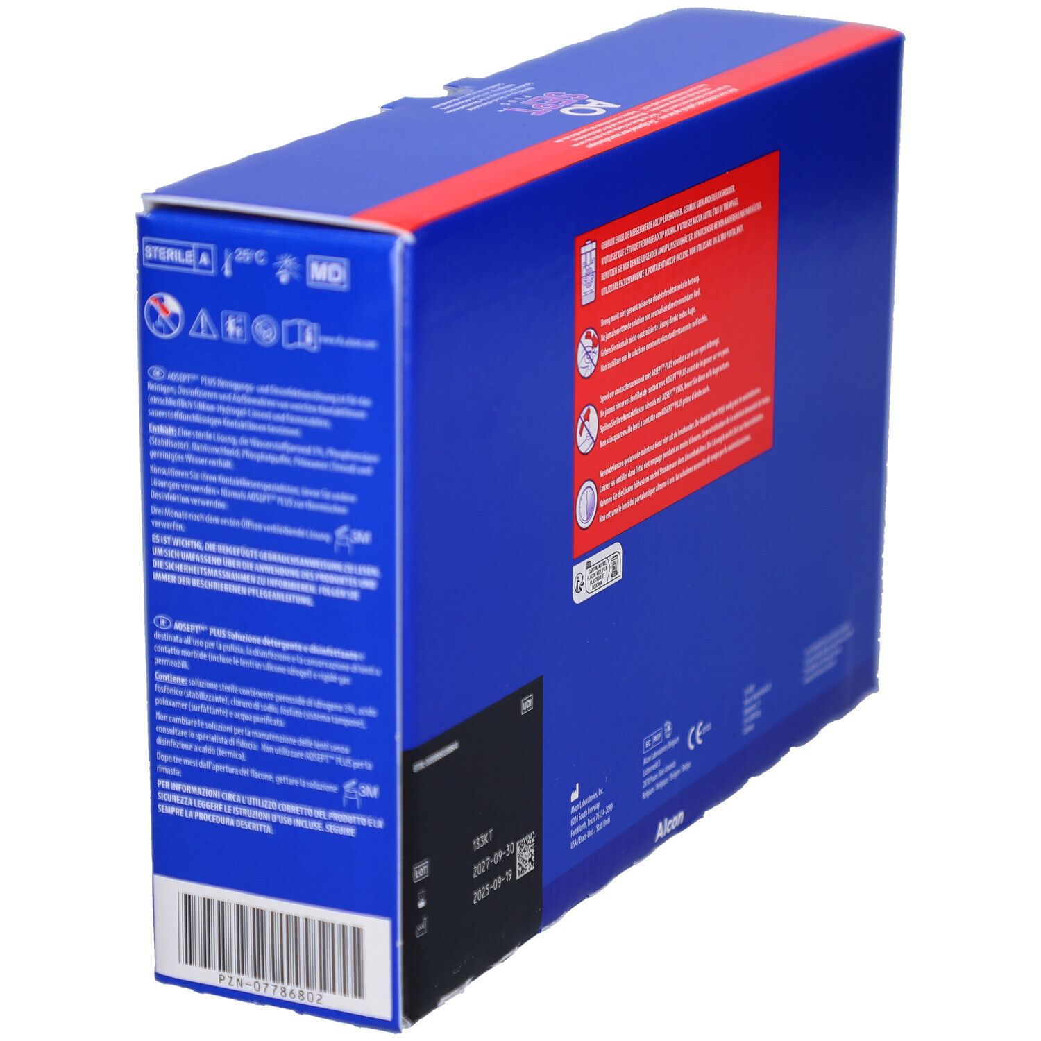Vue oblique du dos de l'emballage AOSEPT PLUS. Contient des informations et des pictogrammes. Logo Alcon.
