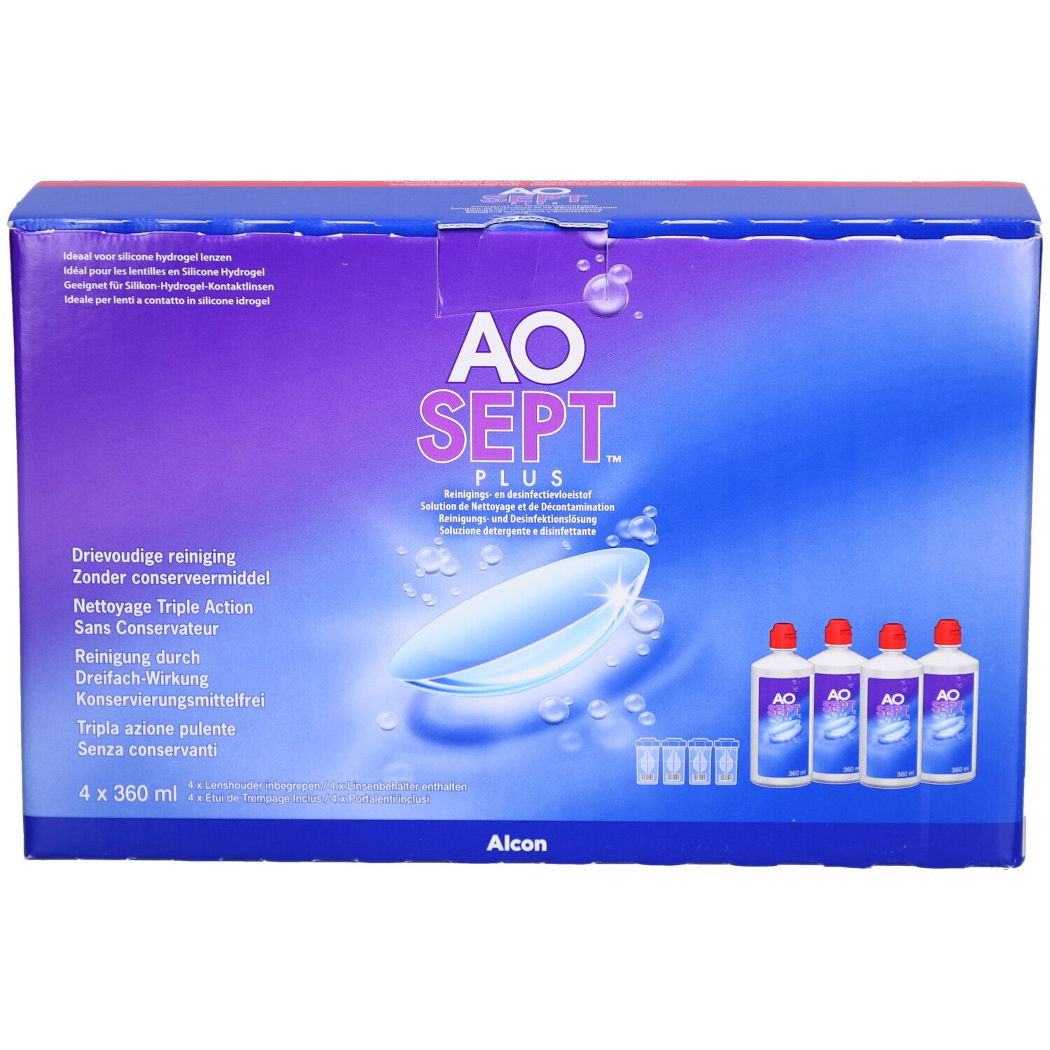 Emballage AOSEPT PLUS. Contient 4 flacons et étuis pour lentilles. Inscription: AO SEPT PLUS, Alcon.