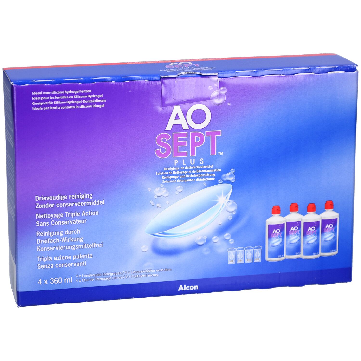 Emballage AOSEPT PLUS. Contient 4 flacons et étuis pour lentilles. Inscription: AO SEPT PLUS, Alcon.