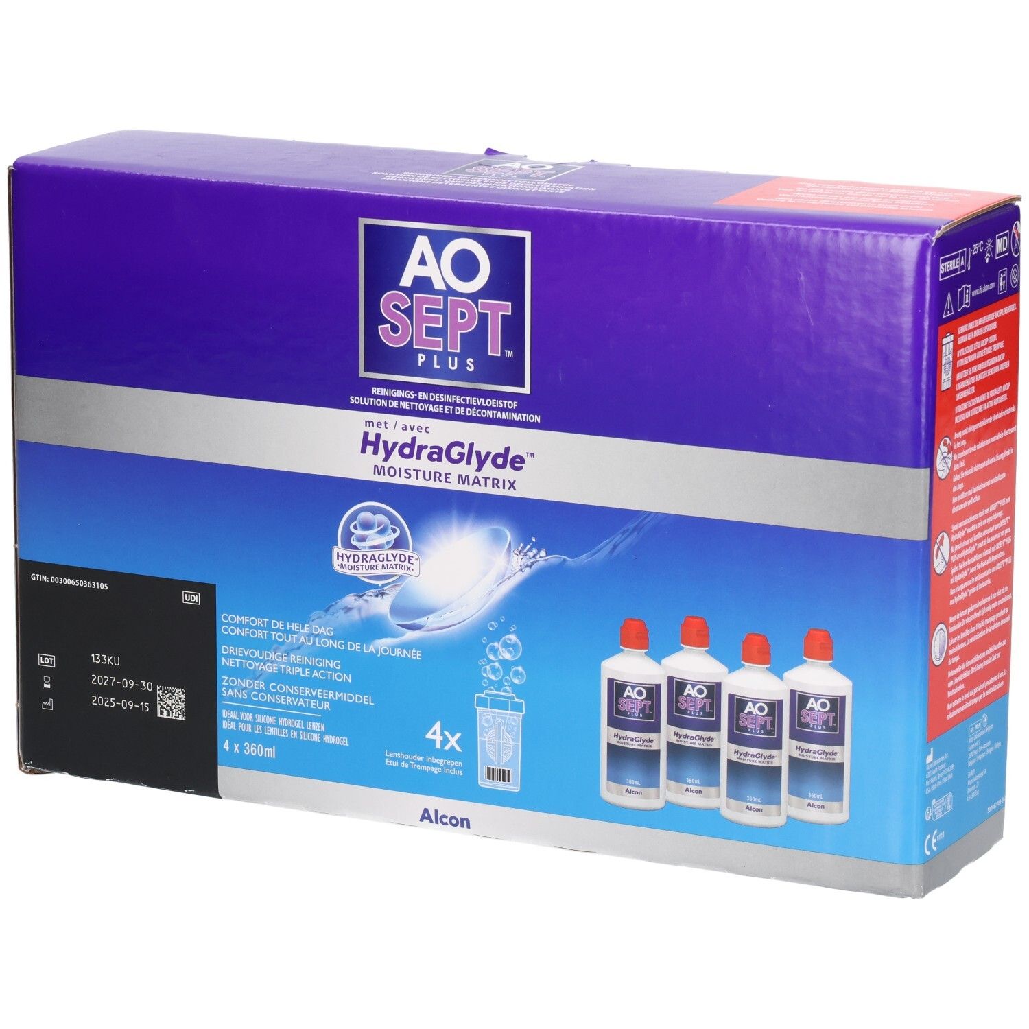 Verpackung von AOSEPT® PLUS mit HydraGlyde®. Enthält Flaschen und Behälter. Aufschrift: AO SEPT PLUS, HydraGlyde Moisture Matrix.