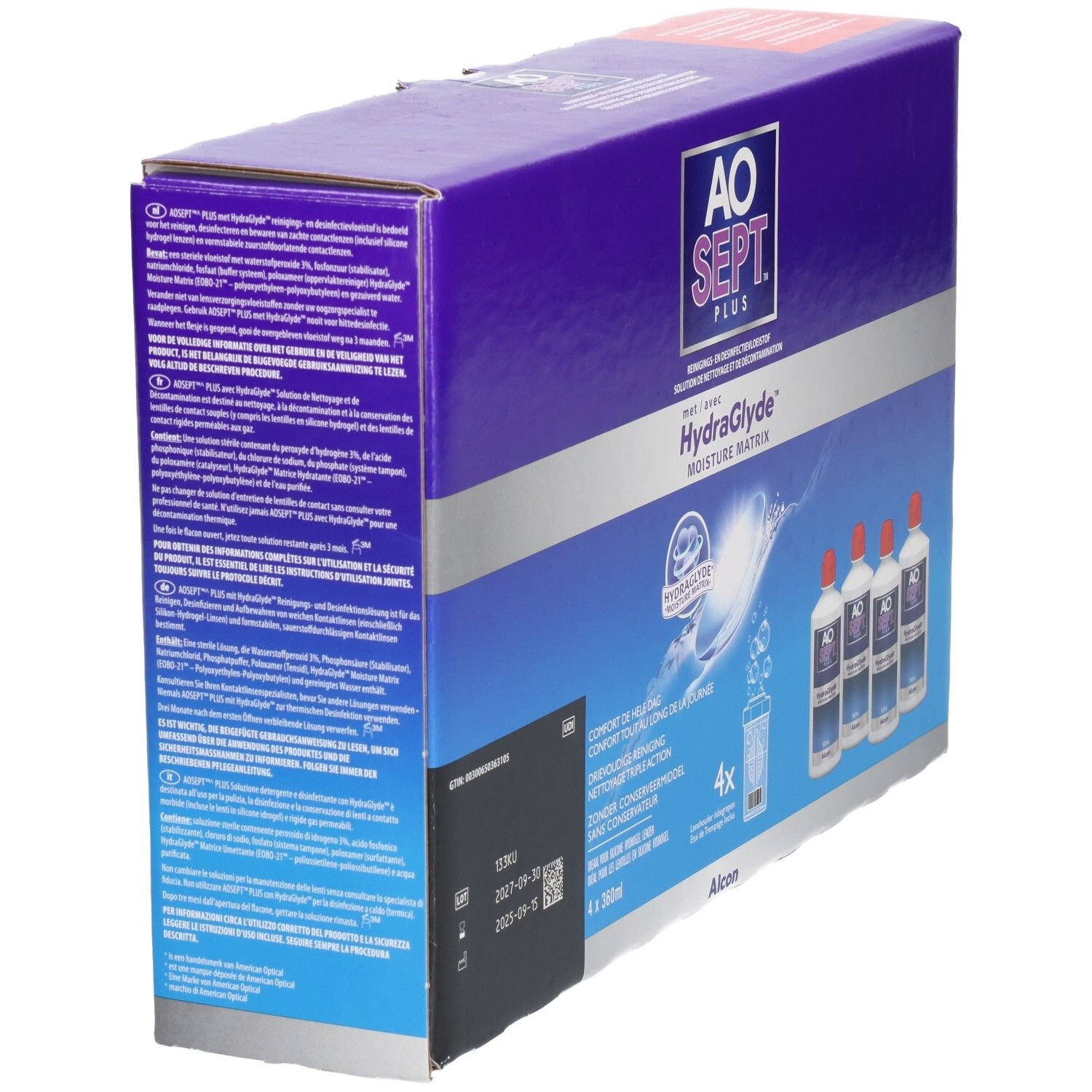 Verpackung von AOSEPT® PLUS mit HydraGlyde®. Seitenansicht mit Text und Flaschen. Aufschrift: AO SEPT PLUS, HydraGlyde Moisture Matrix.