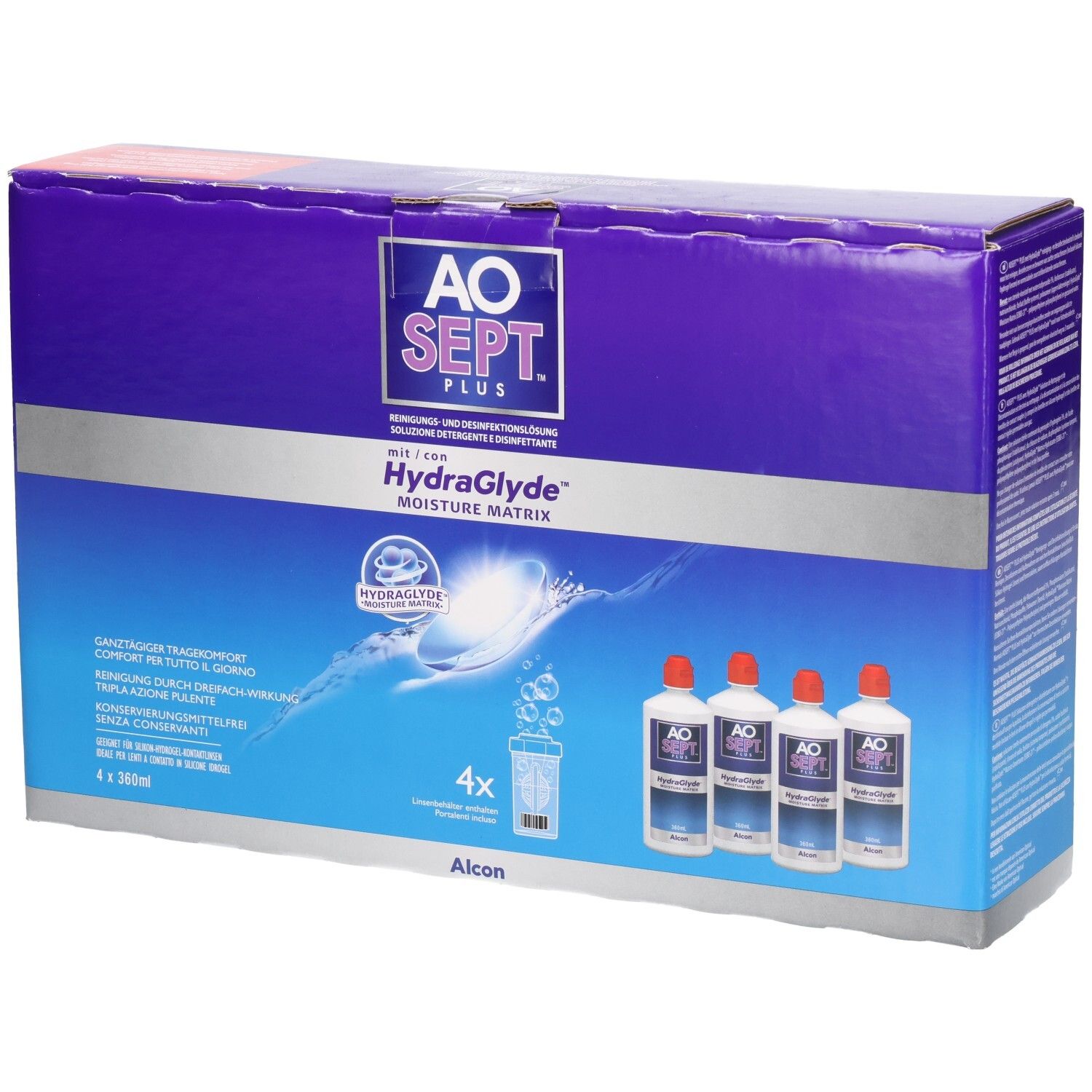 Verpackung von AOSEPT® PLUS mit HydraGlyde®. Enthält Flaschen und Behälter. Aufschrift: AO SEPT PLUS, HydraGlyde Moisture Matrix.