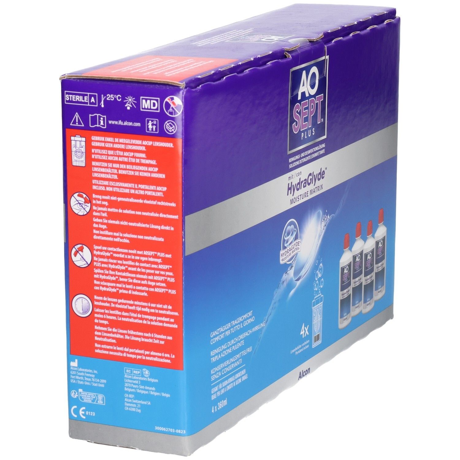 Verpackung von AOSEPT® PLUS mit HydraGlyde®. Seitenansicht mit Text und Flaschen. Aufschrift: AO SEPT PLUS, HydraGlyde Moisture Matrix.