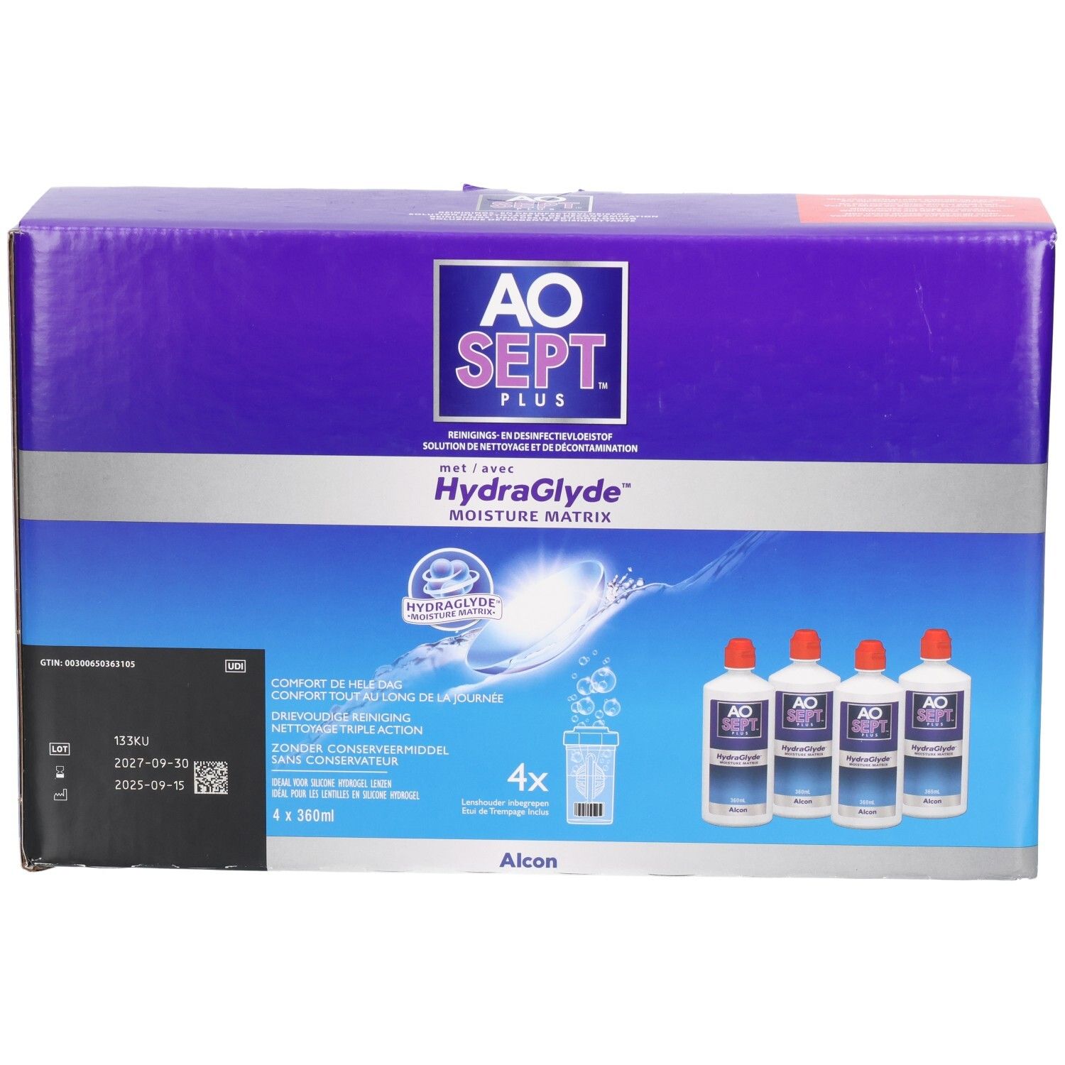 Verpackung von AOSEPT® PLUS mit HydraGlyde®. Enthält Flaschen und Behälter. Aufschrift: AO SEPT PLUS, HydraGlyde Moisture Matrix.