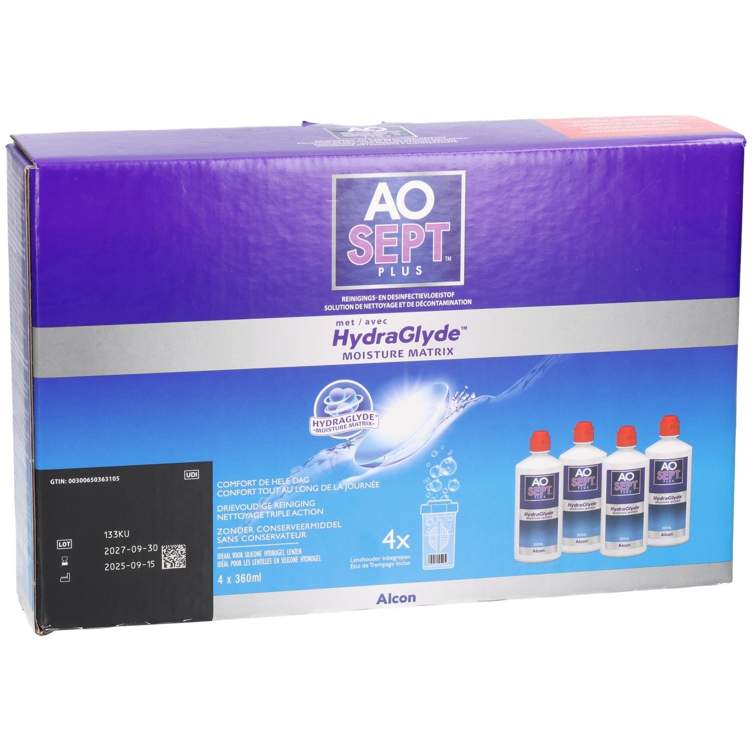 Verpackung von AOSEPT® PLUS mit HydraGlyde®. Enthält Flaschen und Behälter. Aufschrift: AO SEPT PLUS, HydraGlyde Moisture Matrix.