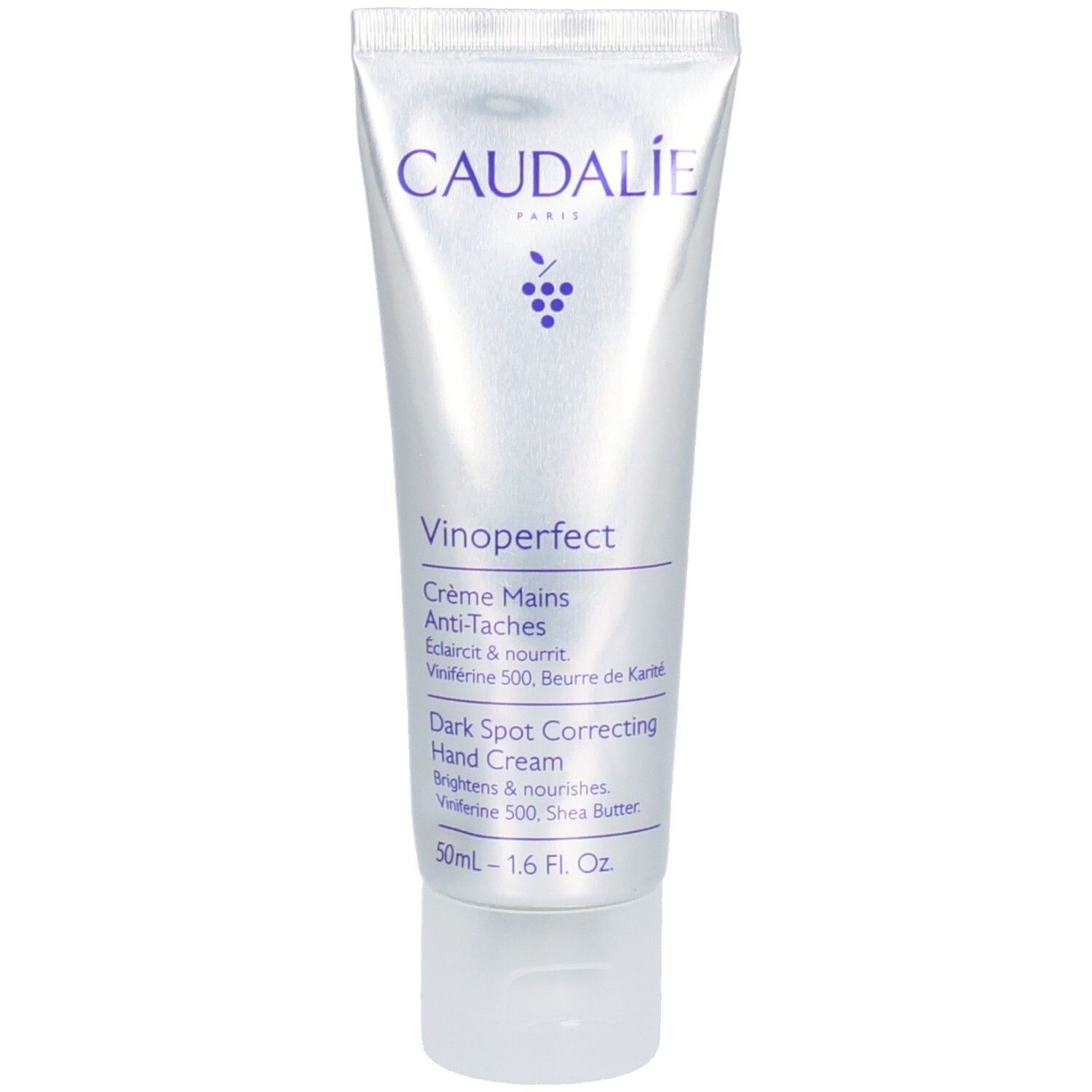 Caudalie Vinoperfect Handcreme. Silberne Tube mit Produktnamen und Logo. Enthält 50ml.