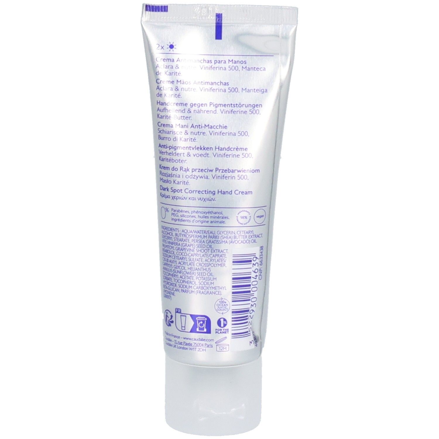 Rückseite der Caudalie Vinoperfect Handcreme-Tube. Produktinformationen und Inhaltsstoffe.
