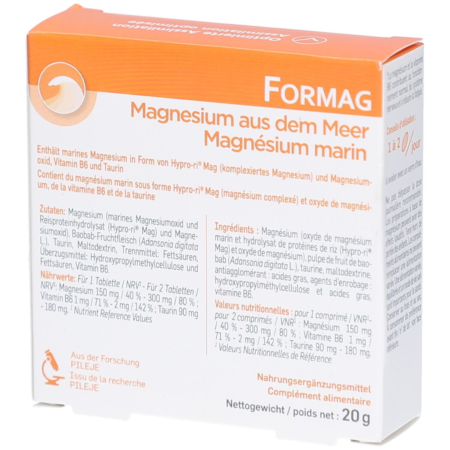 Boîte Formag, orange. Texte: Formag, Magnésium marin, ingrédients. Marque: PiLeJe. Vue arrière.