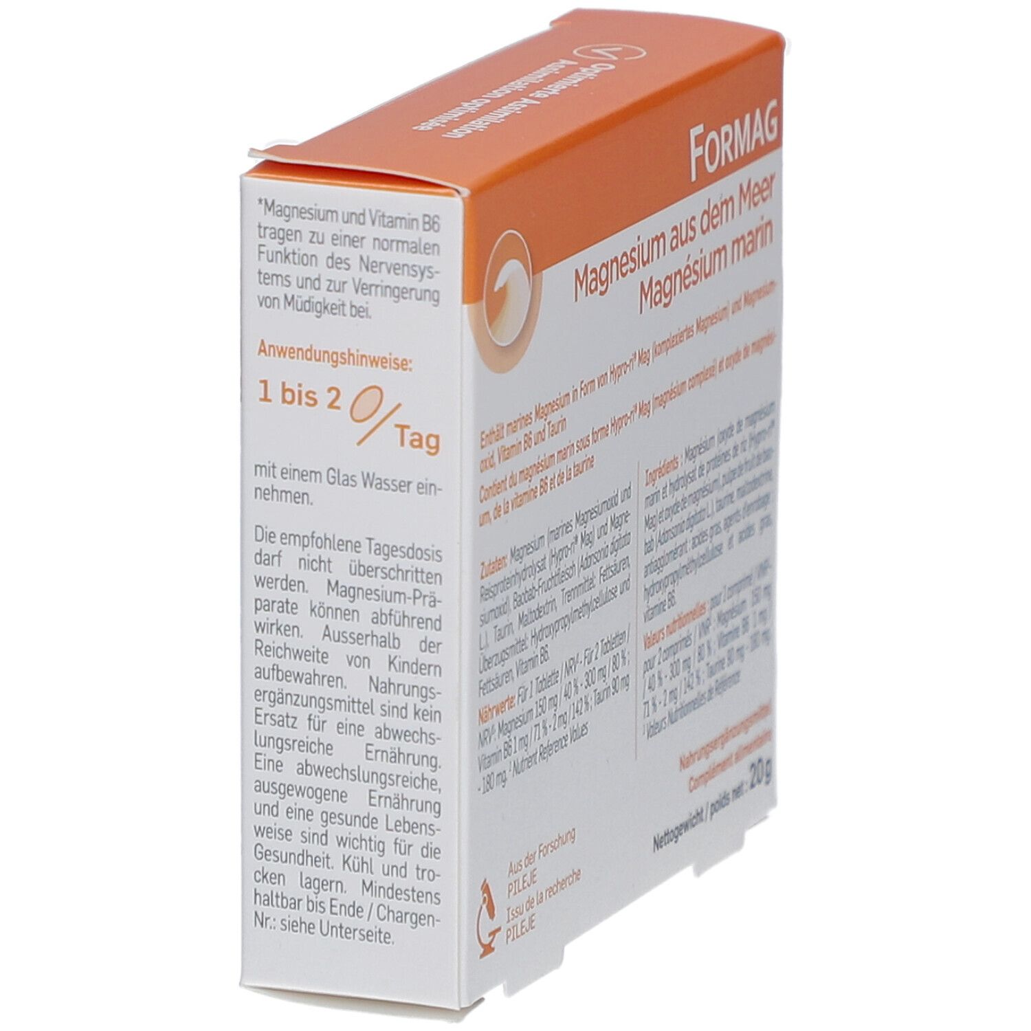 Boîte Formag, orange. Texte: Formag, Magnésium marin, conseils d'utilisation. Marque: PiLeJe. Vue latérale.