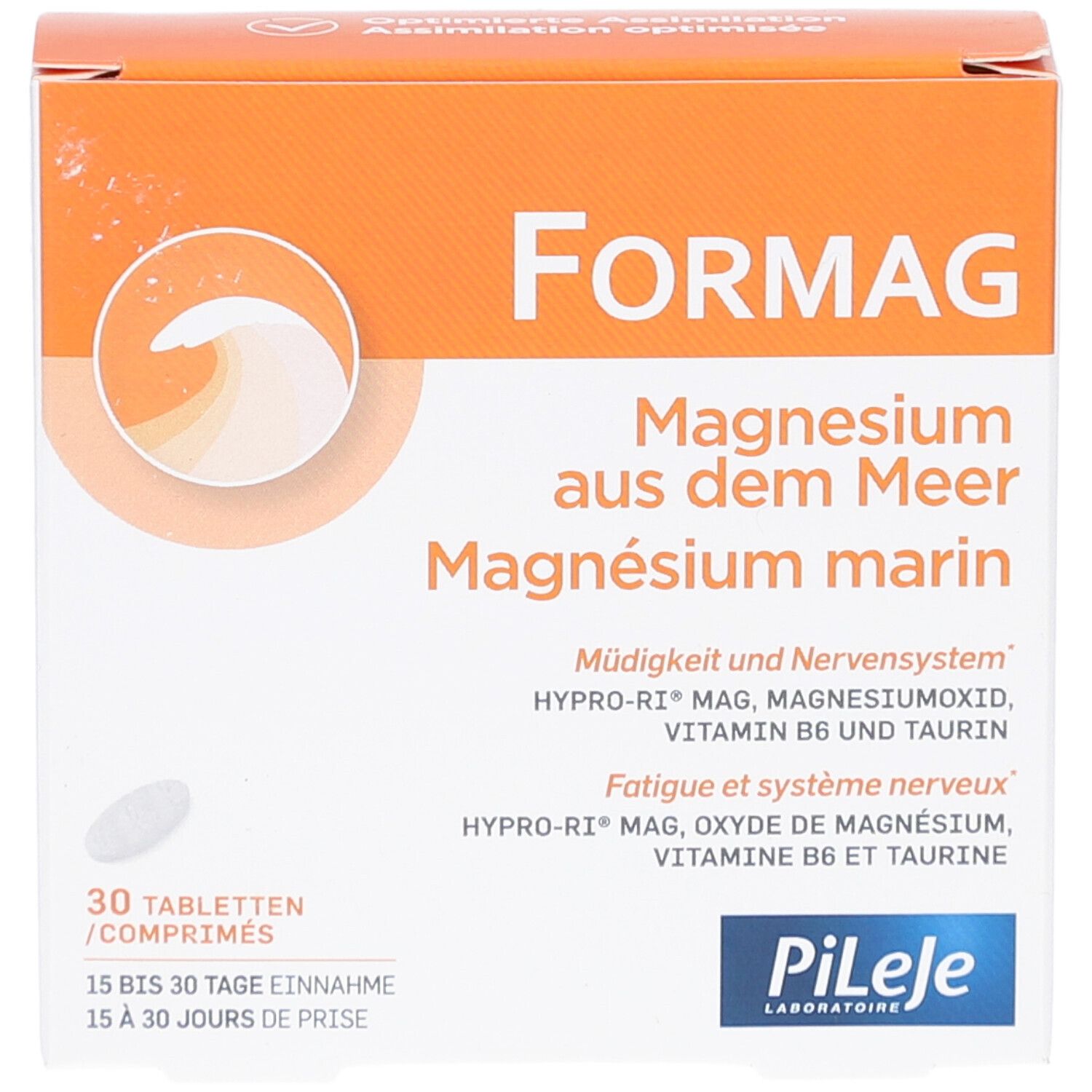 Boîte Formag, orange et blanche. Texte: Formag, Magnésium marin, 30 comprimés. Marque: PiLeJe.
