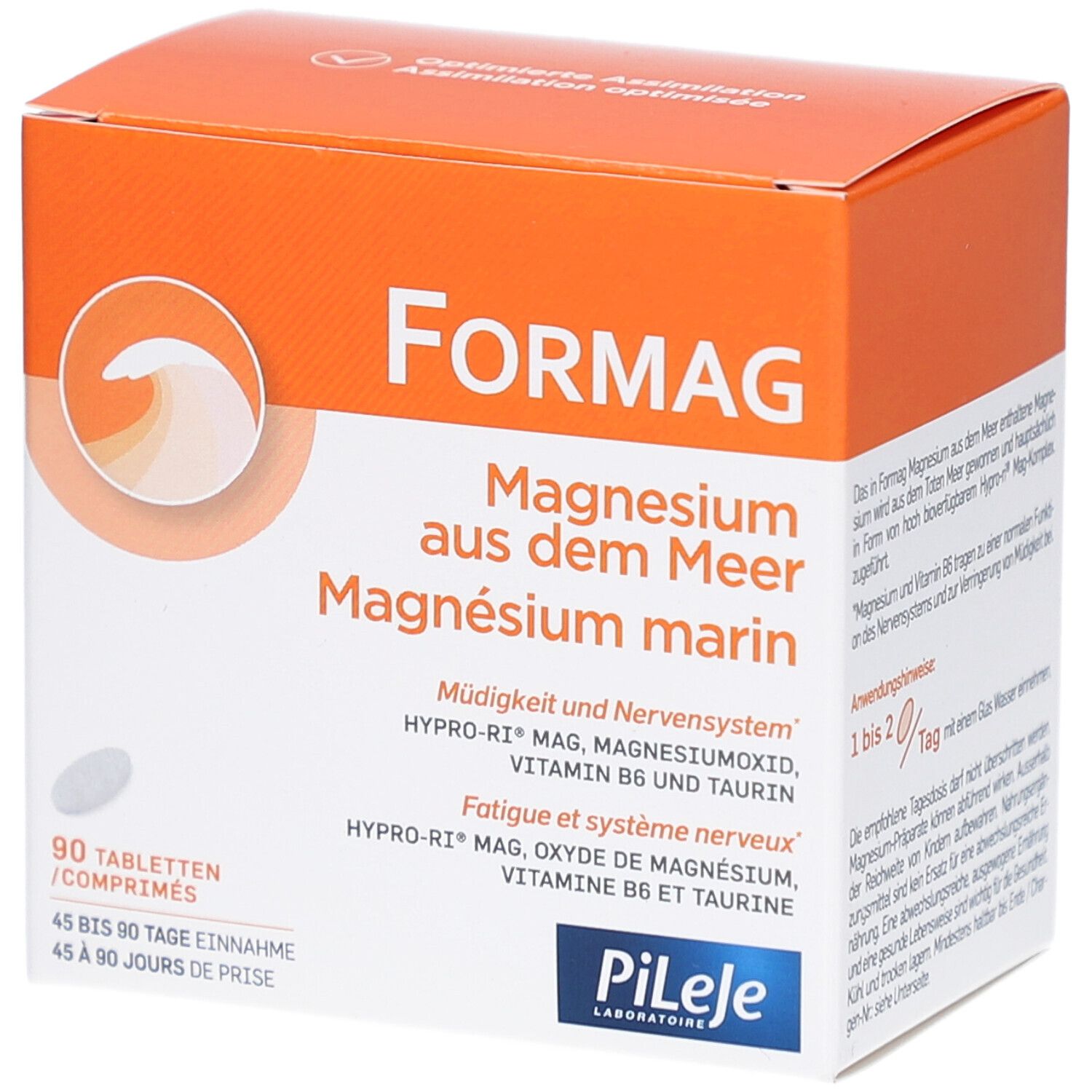 Boîte Formag, orange et blanche. Texte: Formag, Magnésium marin, 90 comprimés. Logo: Pileje.