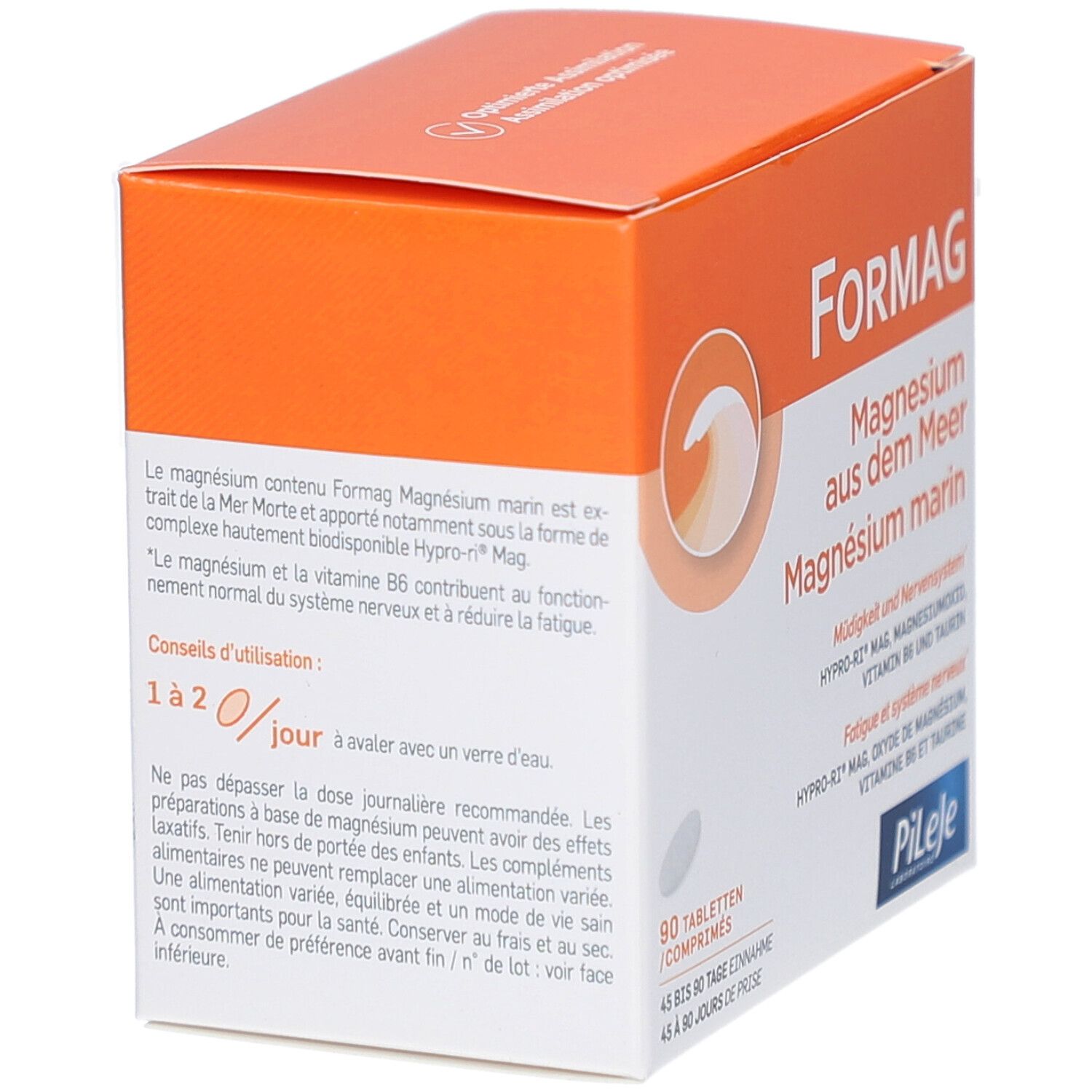 Boîte Formag, orange et blanche. Texte: Formag, Magnésium marin, 90 comprimés. Logo: Pileje. Dos.