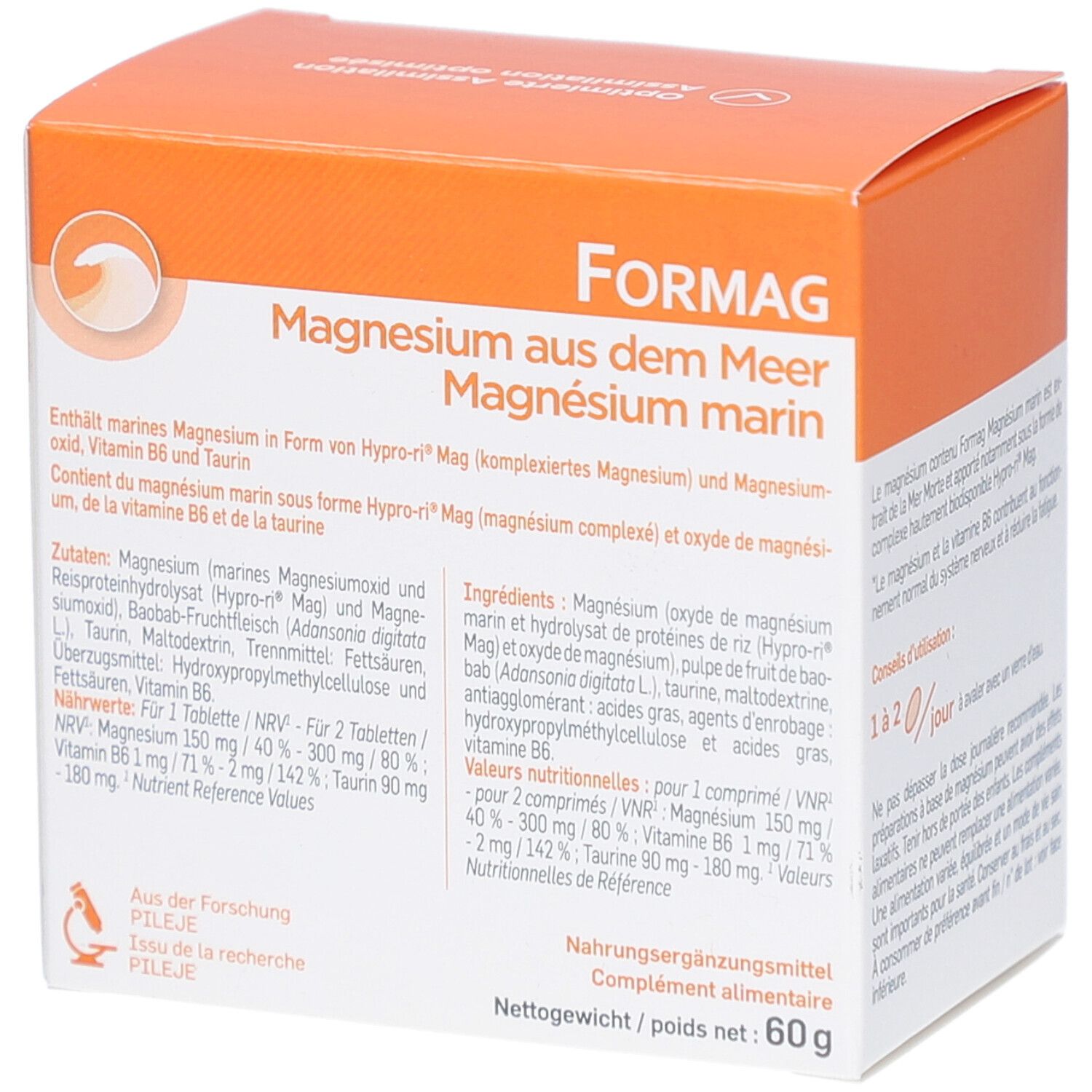Boîte Formag, orange et blanche. Texte: Formag, Magnésium marin, 60g. Logo: Pileje. Ingrédients.