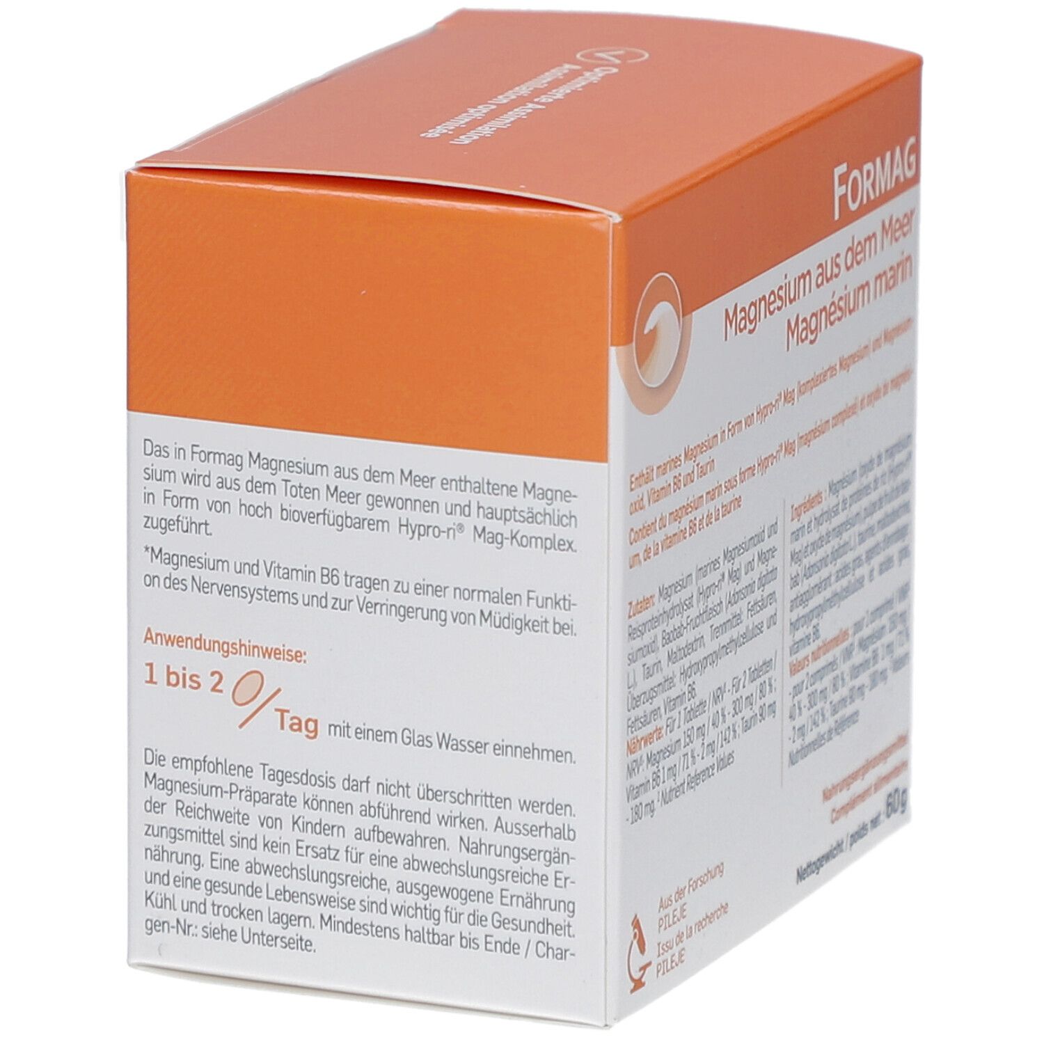 Boîte Formag, orange et blanche. Texte: Formag, Magnésium marin. Logo: Pileje. Dos avec texte.