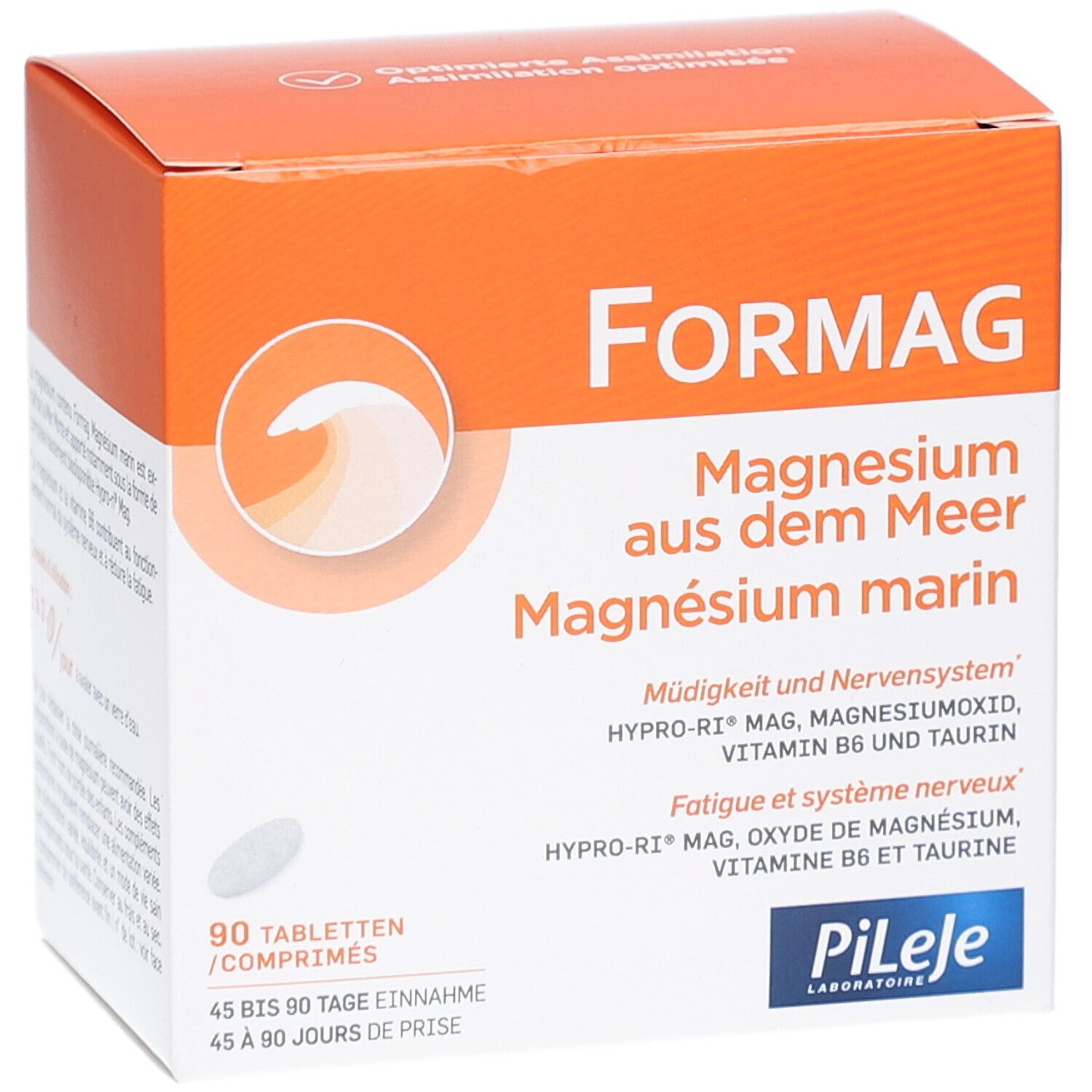 Boîte Formag, orange et blanche. Texte: Formag, Magnésium marin, 90 comprimés. Logo: Pileje.