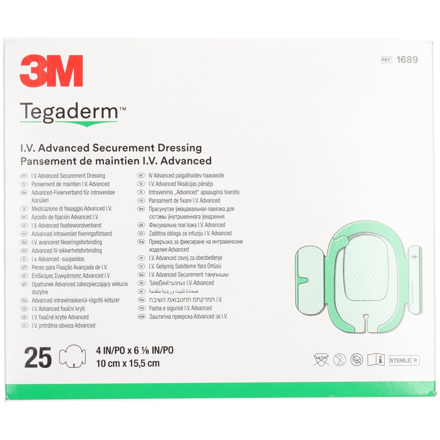 Verpackung mit 25 Stück 3M Tegaderm IV Advanced. Größe: 10 cm x 15,5 cm. Sichtbar: Verband, grüne Applikation.