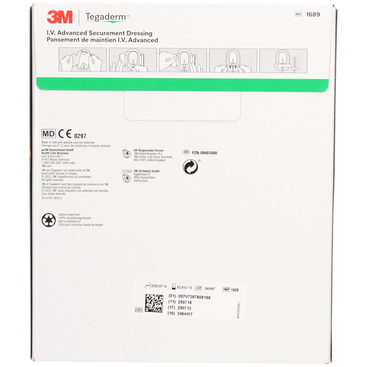 Rückseite der Verpackung von 3M Tegaderm IV Advanced. Sichtbar: Informationen, Logos, Chargennummer, Haltbarkeitsdatum.