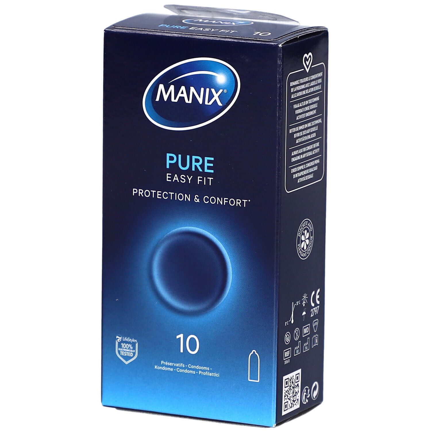 Boîte de préservatifs MANIX PURE EASY FIT. Contient 10 unités. Emballage bleu avec logo et texte. Certifié.