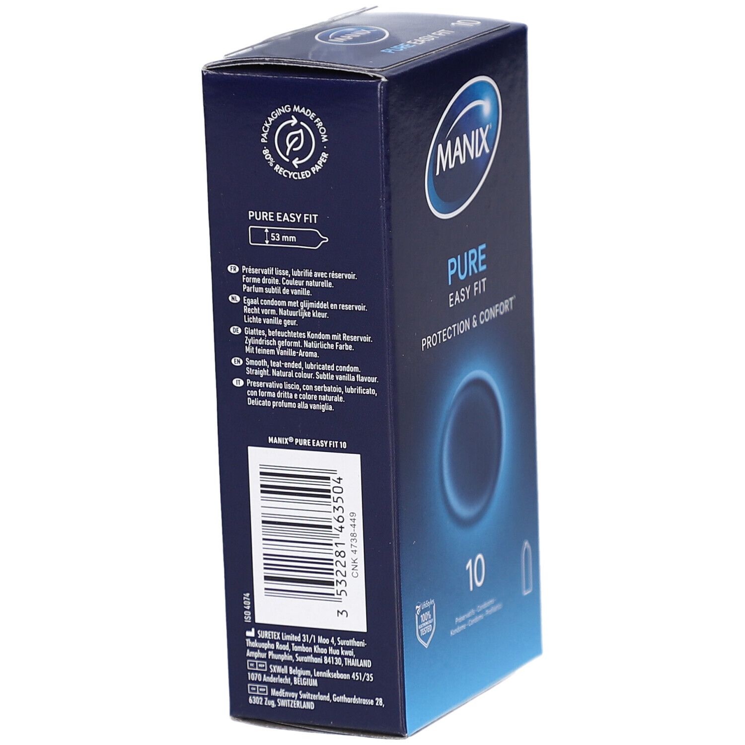 Emballage MANIX PURE EASY FIT. Contient 10 préservatifs. Boîte bleue avec texte et logo. 53mm. Papier recyclé.