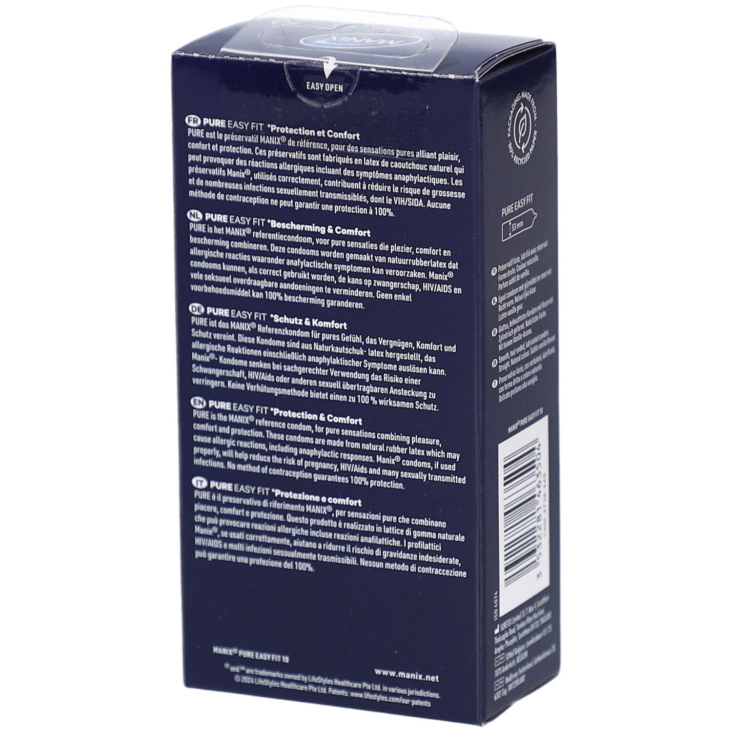 Dos de l'emballage MANIX PURE EASY FIT. Texte multilingue. Informations sur l'utilisation et les ingrédients.