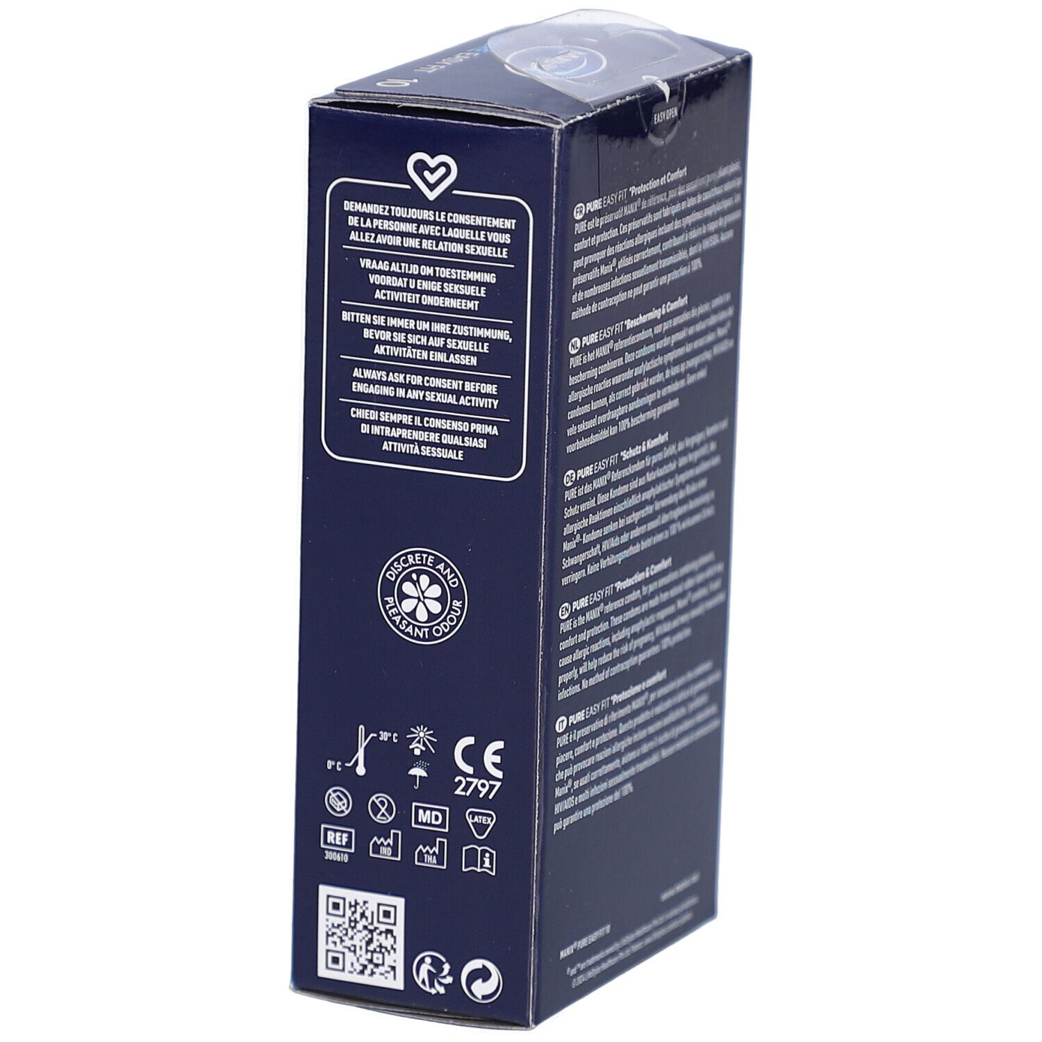 Côté de l'emballage MANIX PURE EASY FIT. Texte et symboles. Marquage CE. Code QR. Informations d'utilisation.