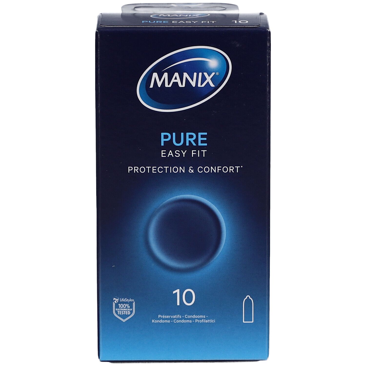 Boîte de préservatifs MANIX PURE EASY FIT. Contient 10 unités. Emballage bleu avec logo et texte.