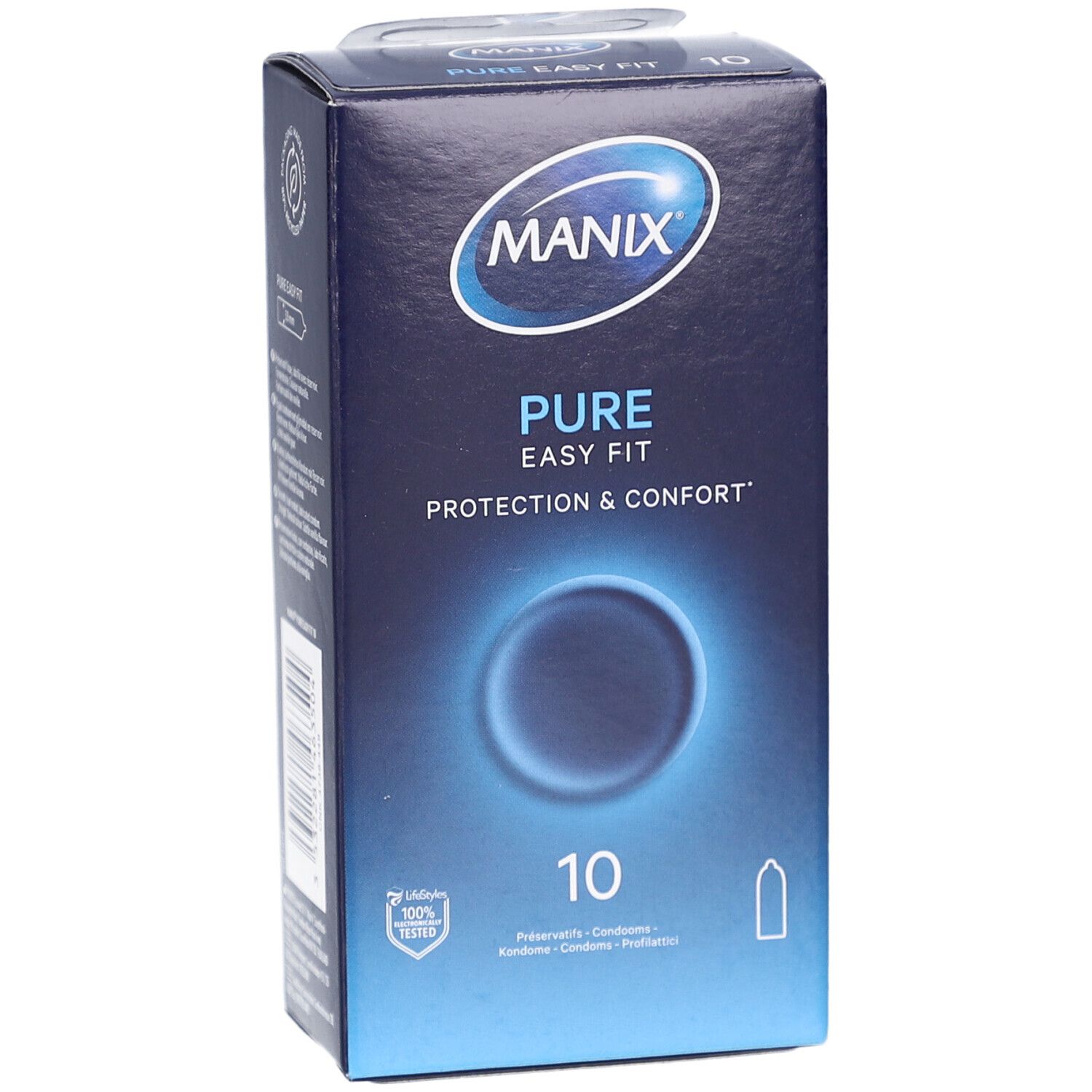 Boîte de préservatifs MANIX PURE EASY FIT. Contient 10 unités. Emballage bleu avec logo et texte.