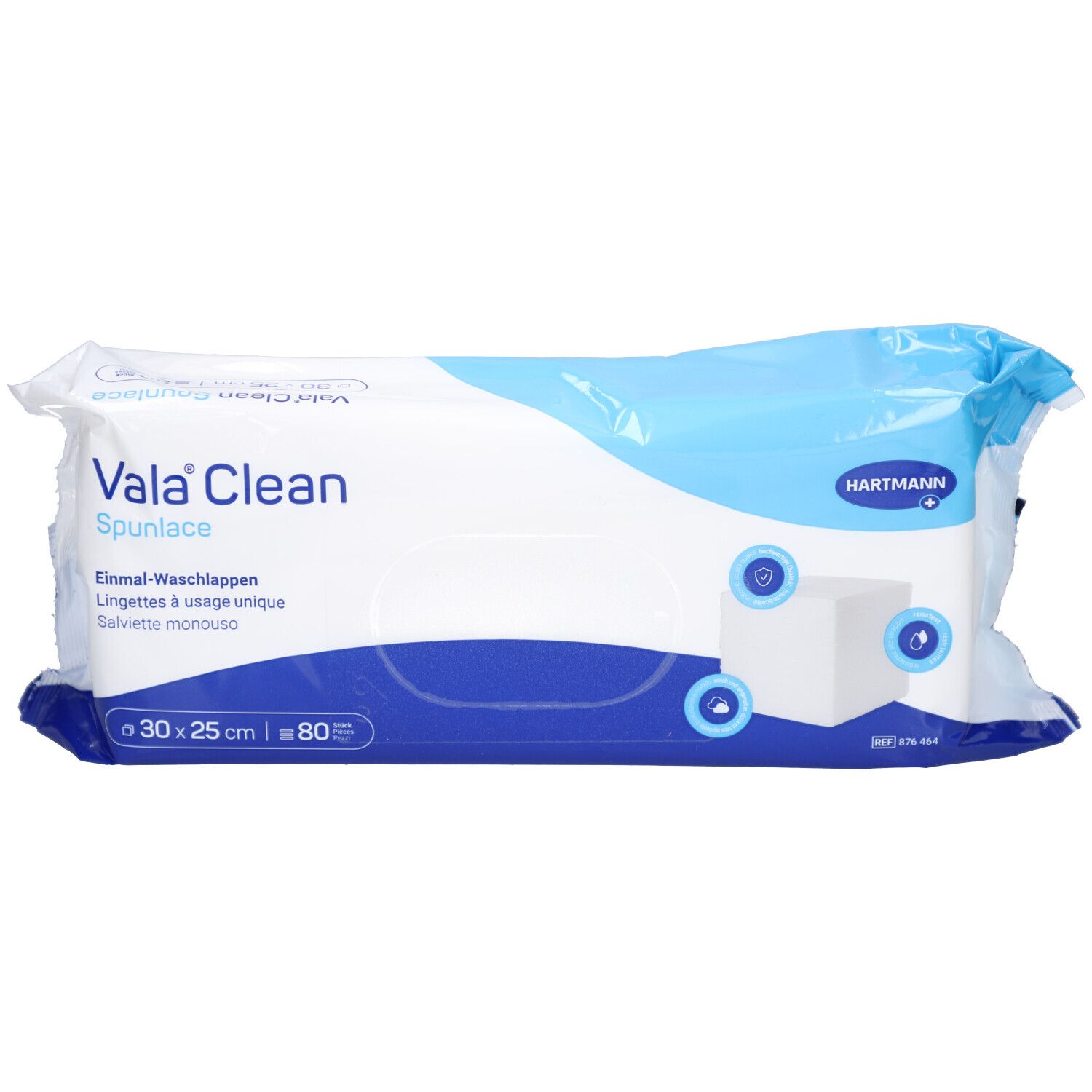 Verpackung von VALACLEAN Spunlace. Weiß-blaue Folienverpackung. Produktname und Größe 25x30cm, 80 Stück.