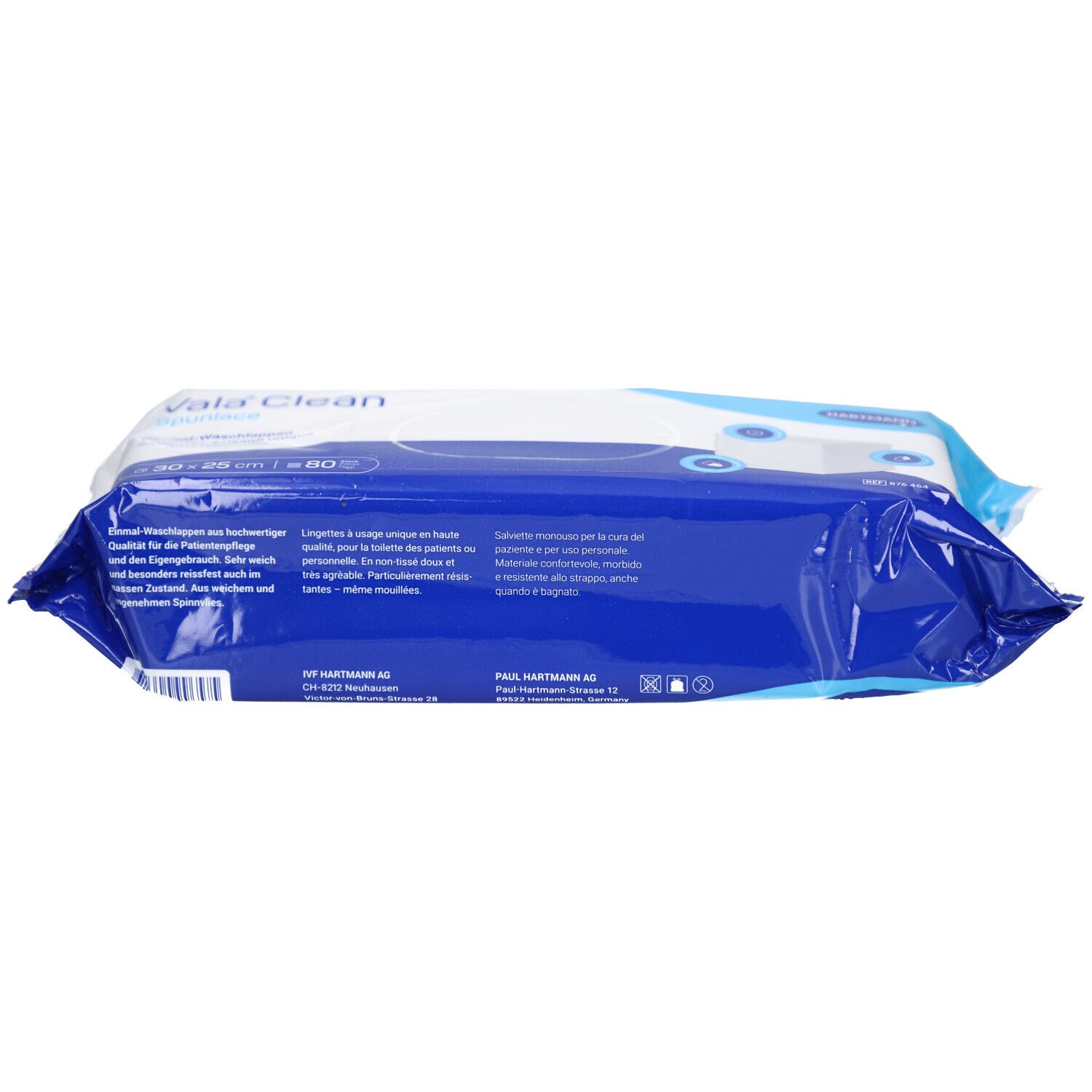 Rückseite der VALACLEAN Spunlace Verpackung. Text in Deutsch, Französisch, Italienisch und Niederländisch. Größe 25x30cm, 80 Stück.