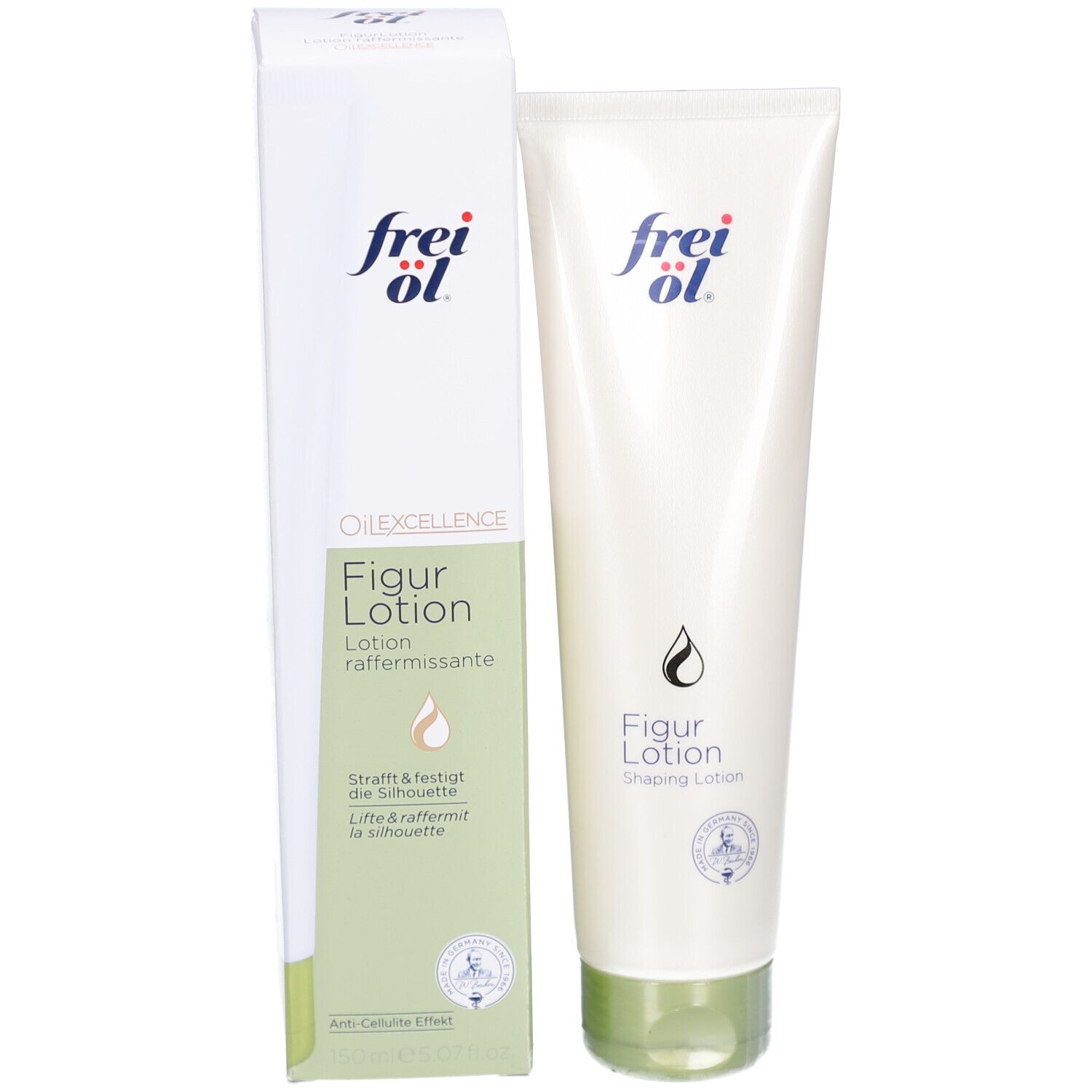 Produkt und Verpackung. Weiße Tube und Schachtel. Aufschrift frei öl. Figur Lotion. Grün-weiße Schachtel.