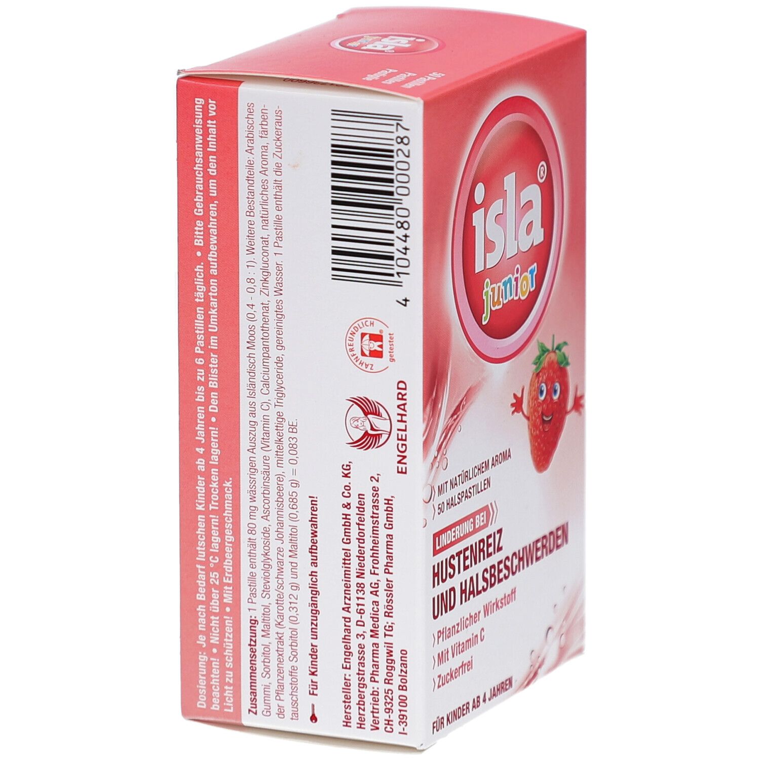 Rückseite der rosa Schachtel mit "isla junior". Text: Inhaltsstoffe, Dosierung, Warnhinweise. Enthält 50 Halspastillen. CE-Kennzeichnung.