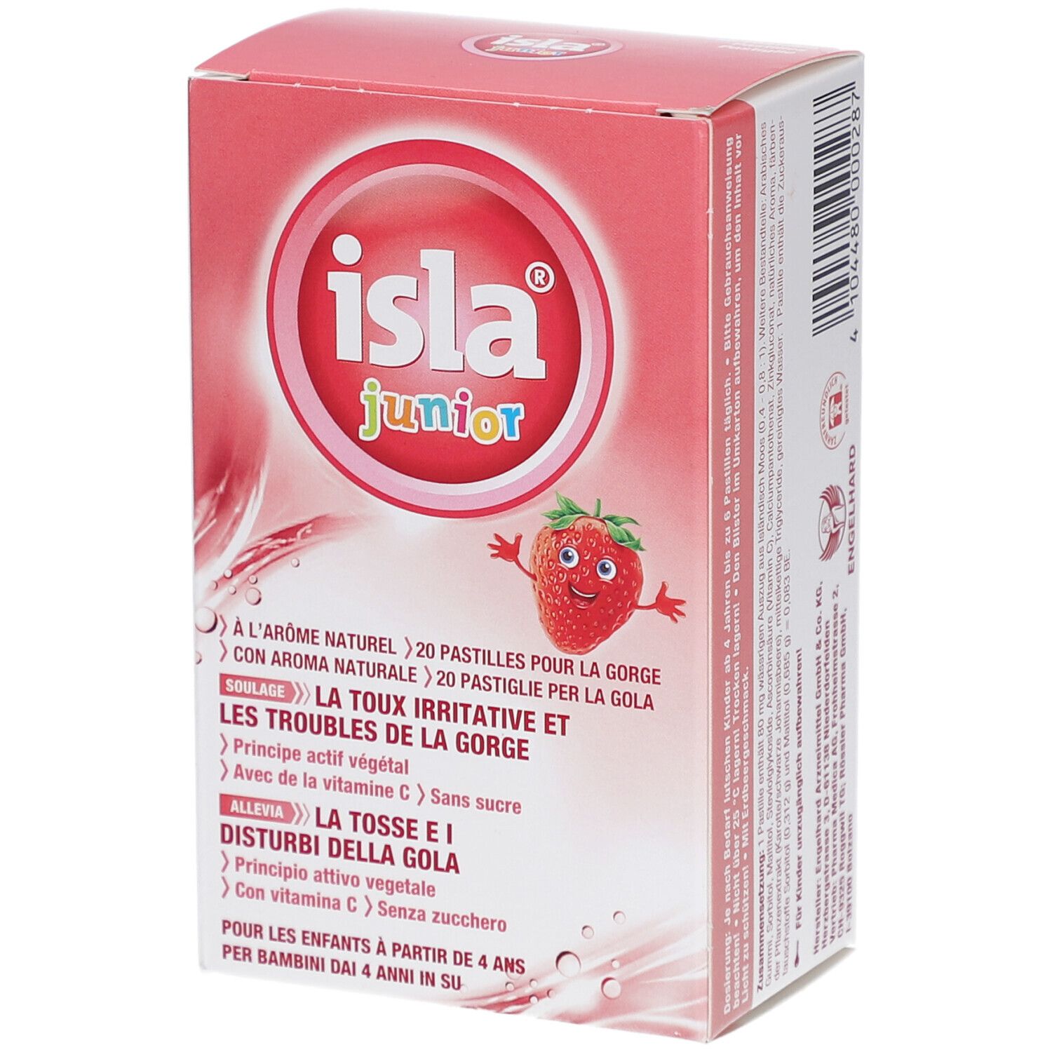 Rosa Schachtel mit "isla junior"-Logo und Erdbeere. Text: "Toux irritative et les troubles de la gorge". Enthält 20 Pastillen. Für Kinder ab 4 Jahren.
