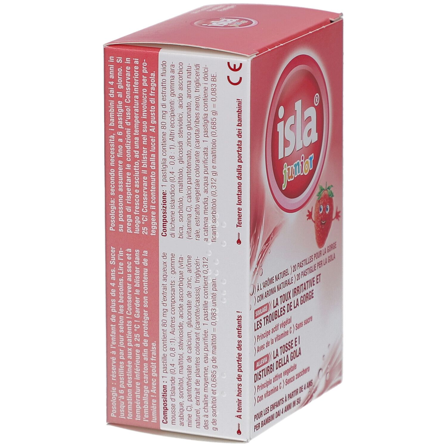 Rückseite der rosa Schachtel mit "isla junior". Text: Inhaltsstoffe, Dosierung, Warnhinweise. Enthält 20 Pastillen. CE-Kennzeichnung.