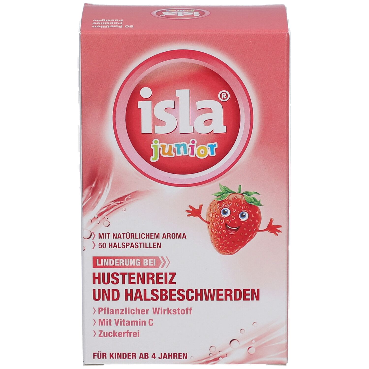 Rosa Schachtel mit "isla junior"-Logo und Erdbeere. Text: "Hustenreiz und Halsbeschwerden". Enthält 50 Halspastillen. Für Kinder ab 4 Jahren.