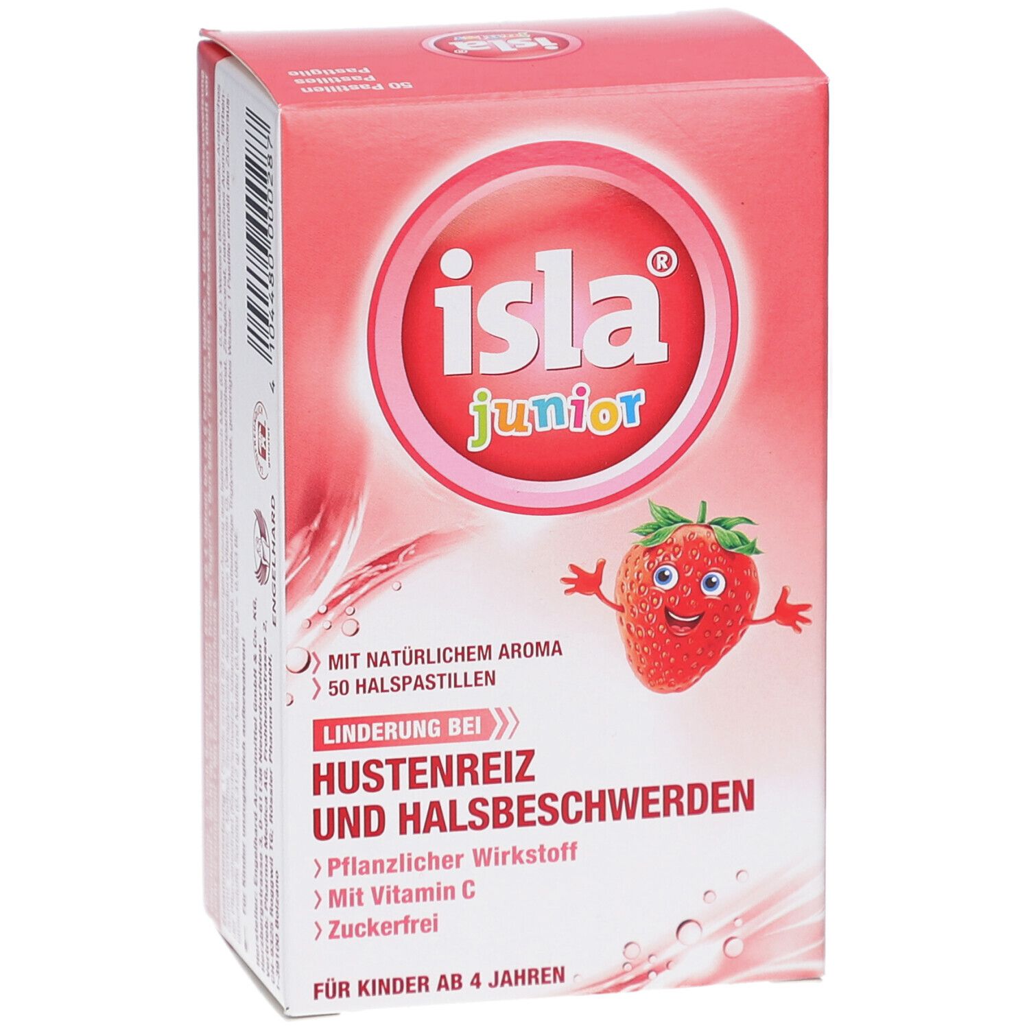 Rosa Schachtel mit "isla junior"-Logo und Erdbeere. Text: "Hustenreiz und Halsbeschwerden". Enthält 50 Halspastillen. Für Kinder ab 4 Jahren.