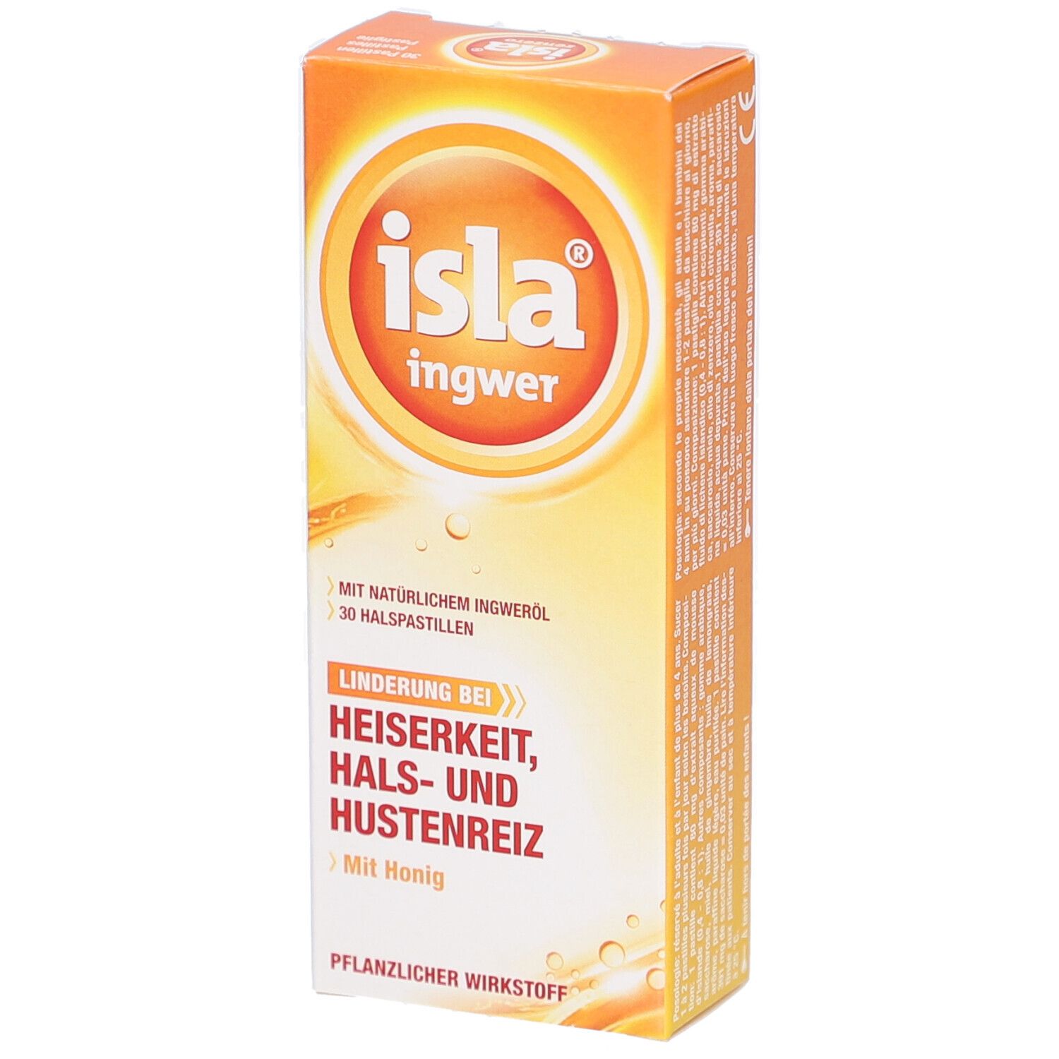 Orangefarbene Schachtel mit "isla ingwer" Logo. Text: "Linderung bei Heiserkeit, Hals- und Hustenreiz". Enthält 30 Halspastillen.