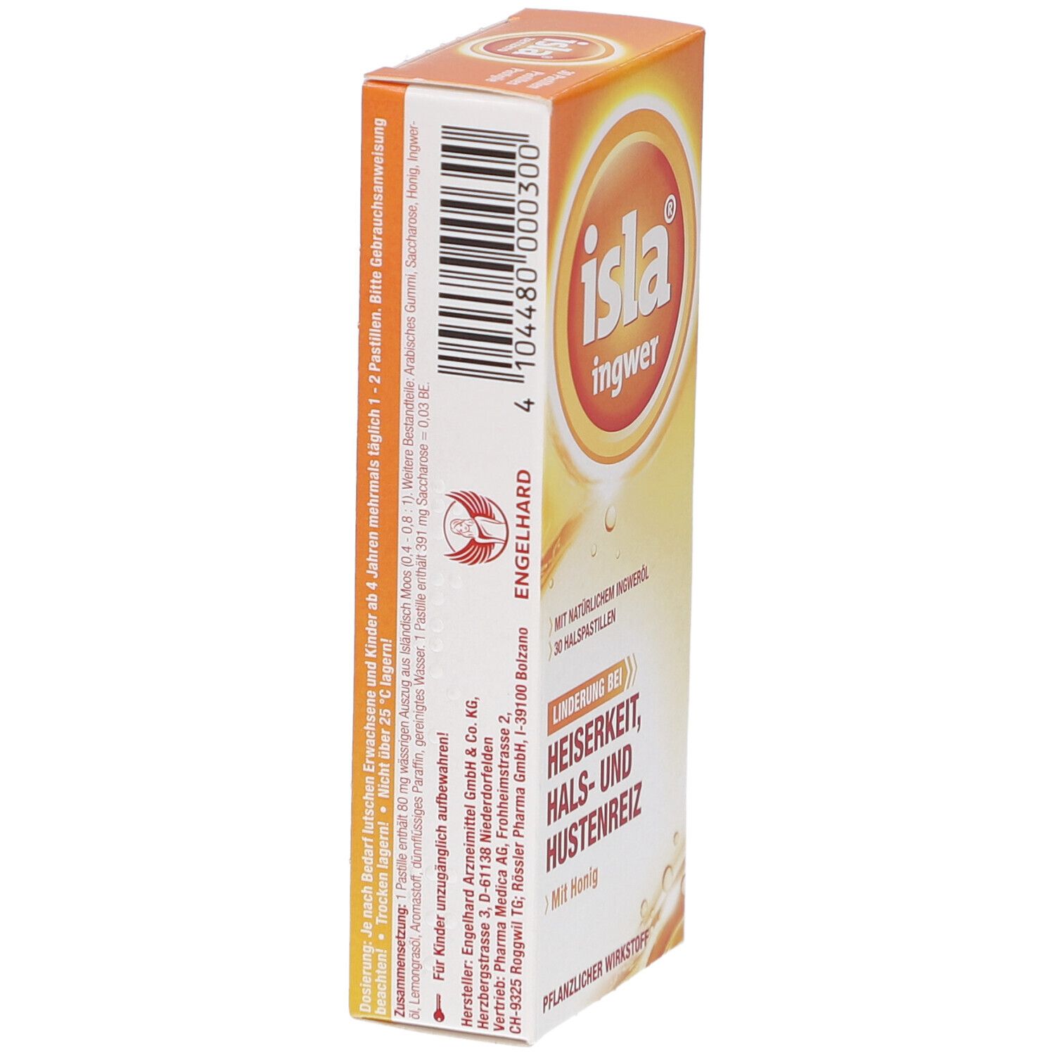 Seitenansicht der orangefarbenen Schachtel. Zeigt "isla ingwer" Logo und Text. Enthält Informationen zu Inhaltsstoffen und Dosierung.