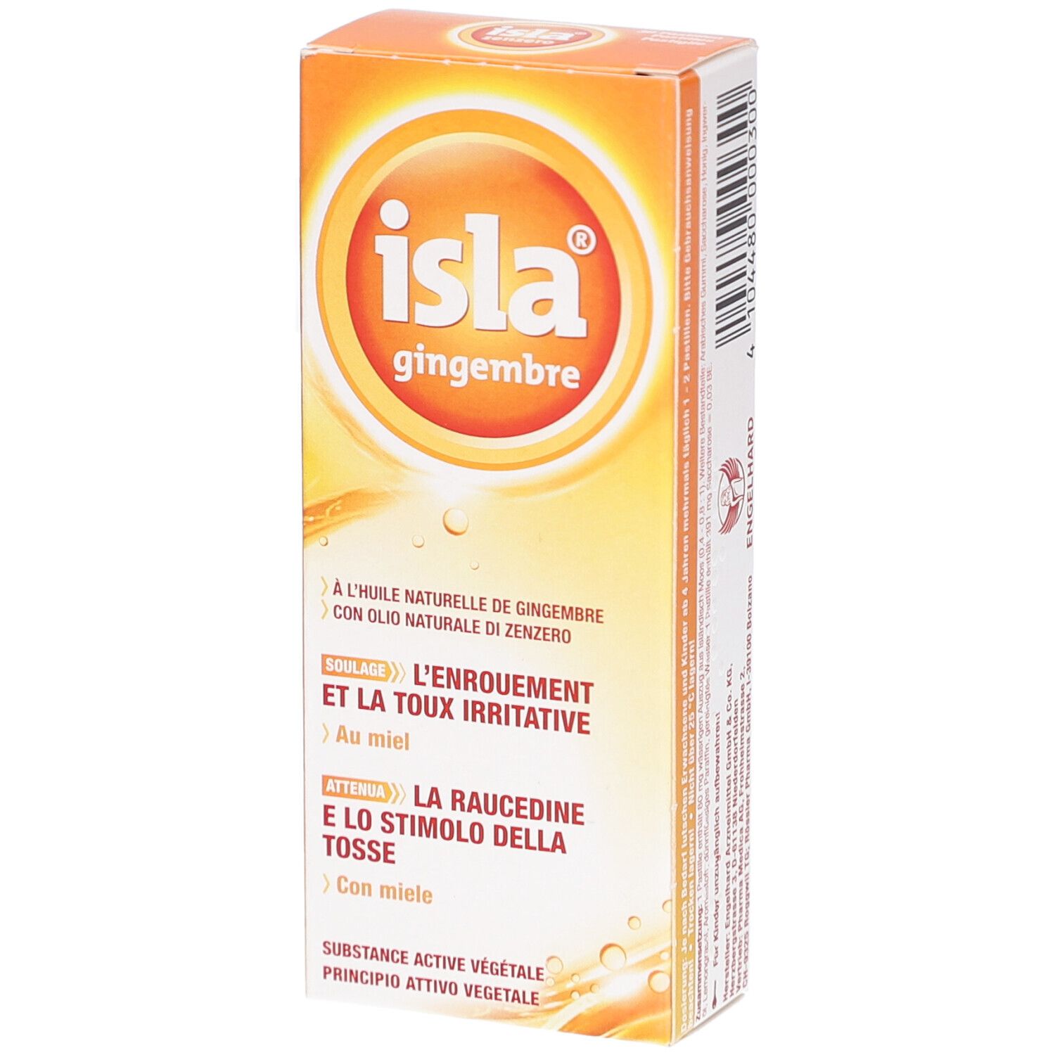 Orangefarbene Schachtel mit "isla gingembre" Logo. Text: "Linderung bei Heiserkeit, Hals- und Hustenreiz". Mehrsprachige Texte.