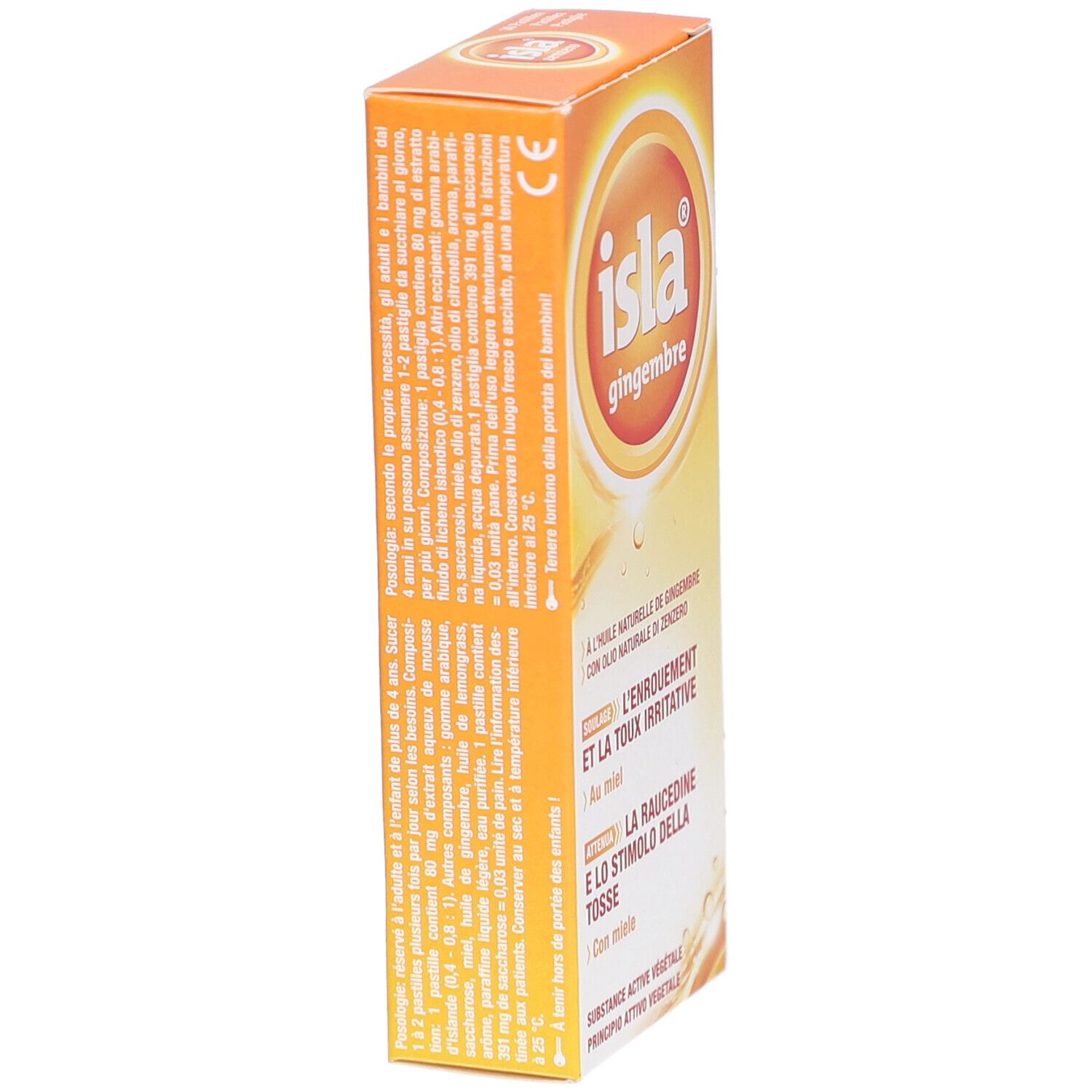 Seitenansicht der orangefarbenen Schachtel mit Text und Logo "isla gingembre". Enthält Informationen zu Inhaltsstoffen und Dosierung.