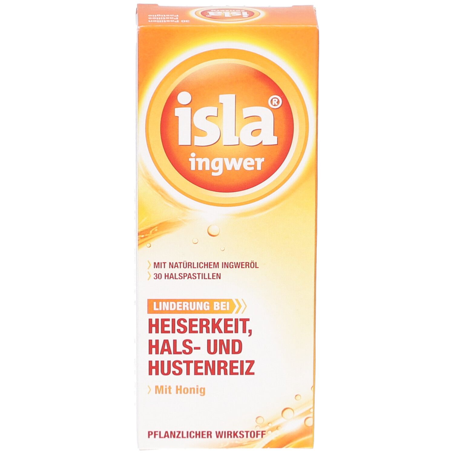 Orangefarbene Schachtel mit "isla ingwer" Logo. Text: "Linderung bei Heiserkeit, Hals- und Hustenreiz". Enthält 30 Halspastillen.