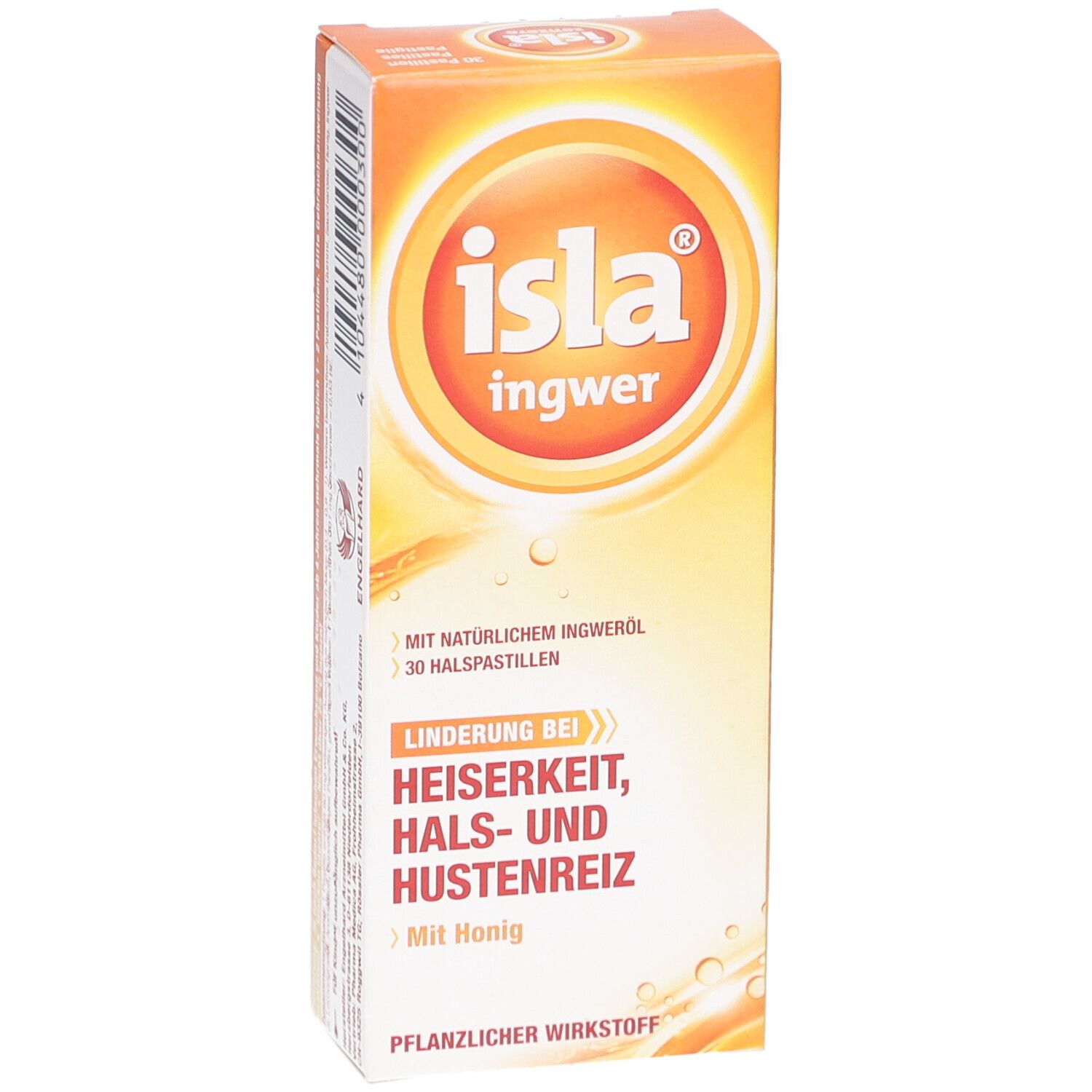 Orangefarbene Schachtel mit "isla ingwer" Logo. Text: "Linderung bei Heiserkeit, Hals- und Hustenreiz". Enthält 30 Halspastillen.