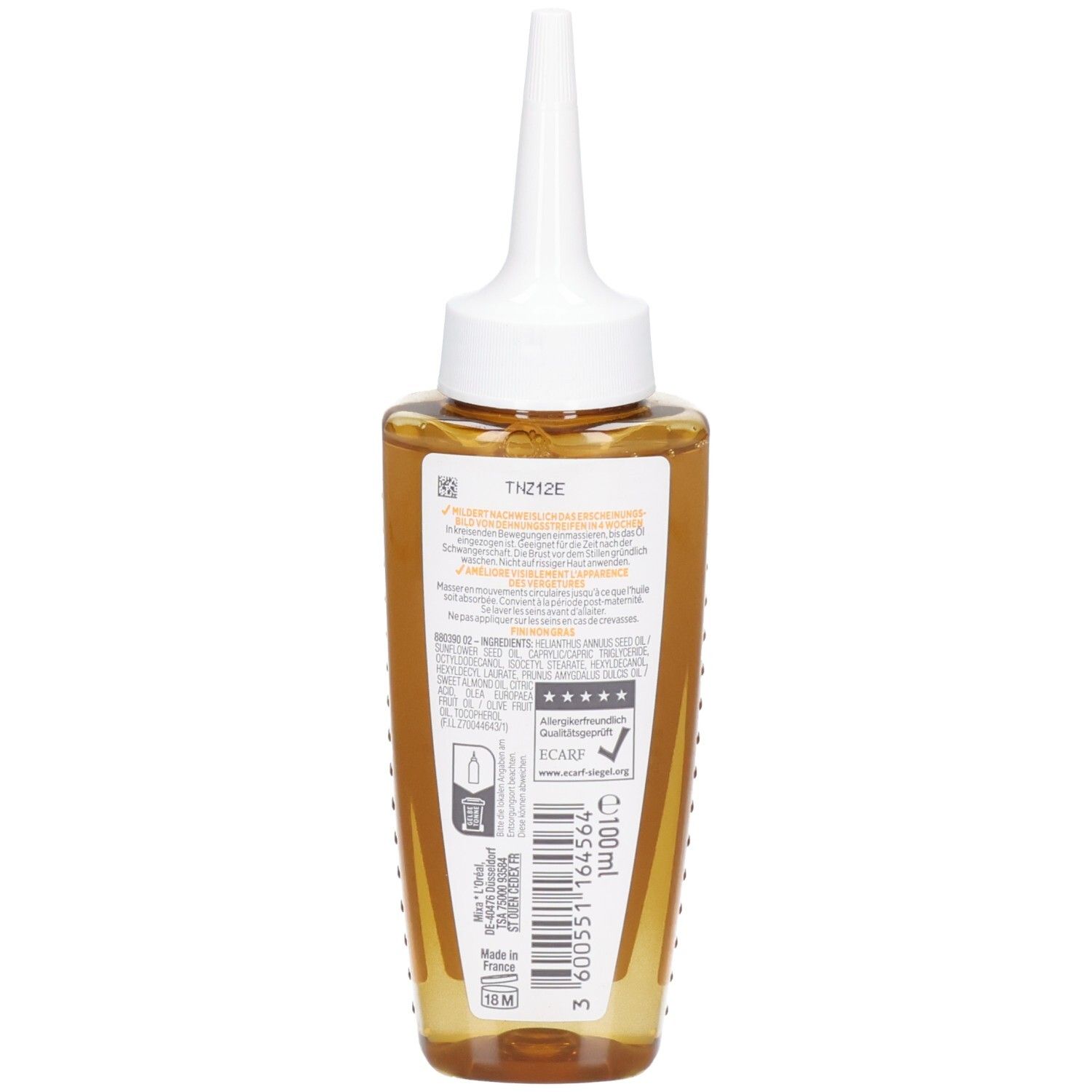 Rückseite der Mixa Stretch Mark Oil Flasche mit Inhaltsstoffen und Zertifizierungen.