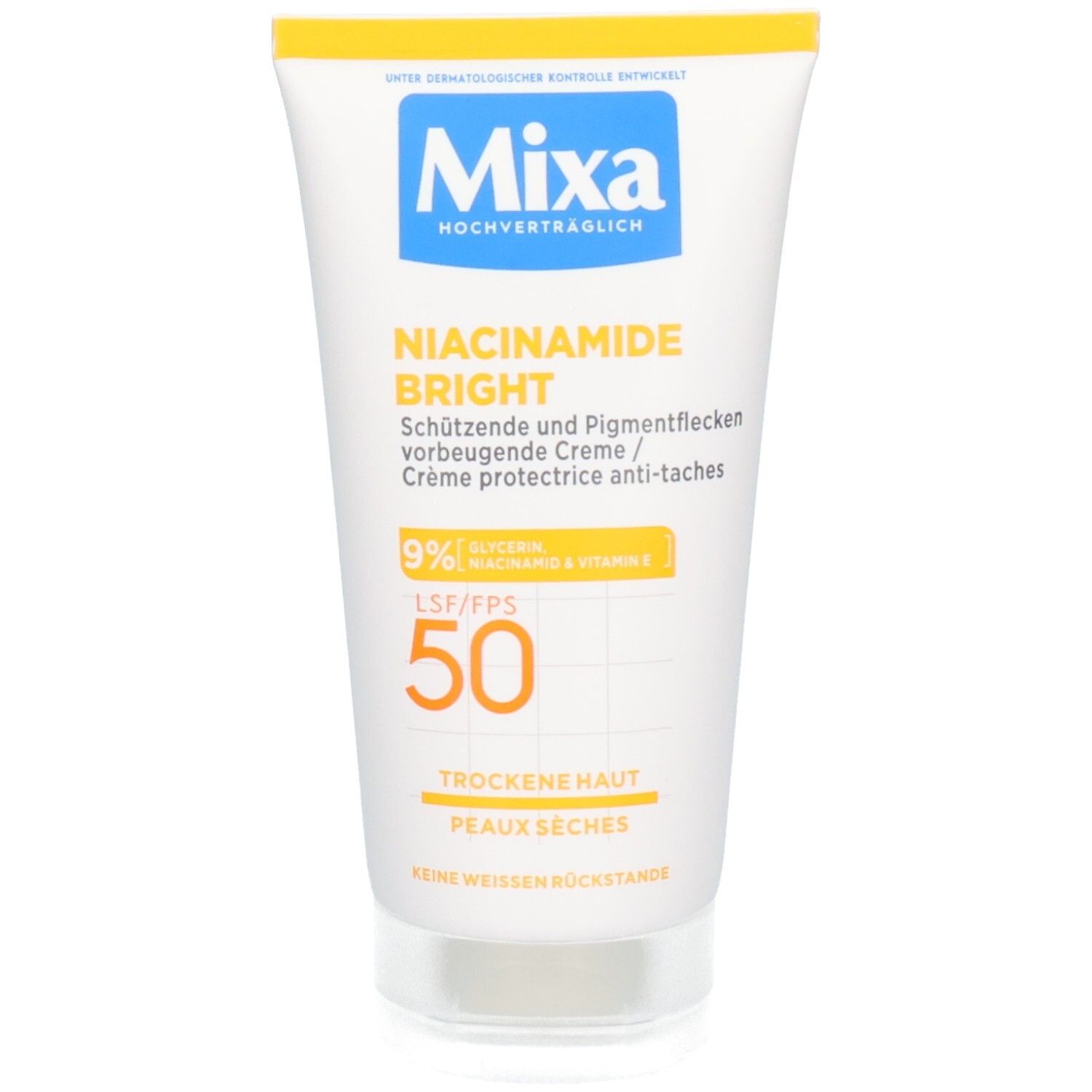 Mixa Niacinamide Bright Creme Tube mit LSF 50 für trockene Haut.